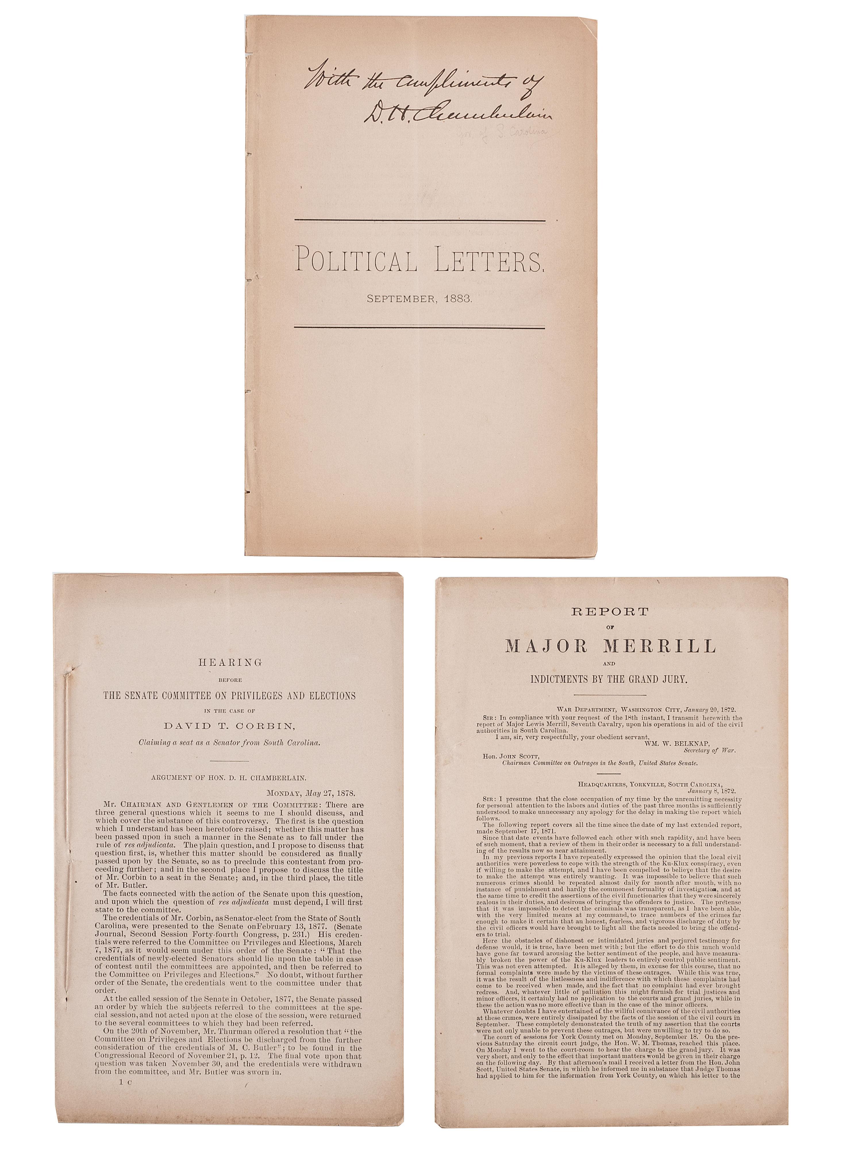 [RECONSTRUCTION]. A group of civil rights and anti-KKK pamphlets South Carolina Governor Daniel Henry Chamberlain and Major Lewis Merrill, comprising:
