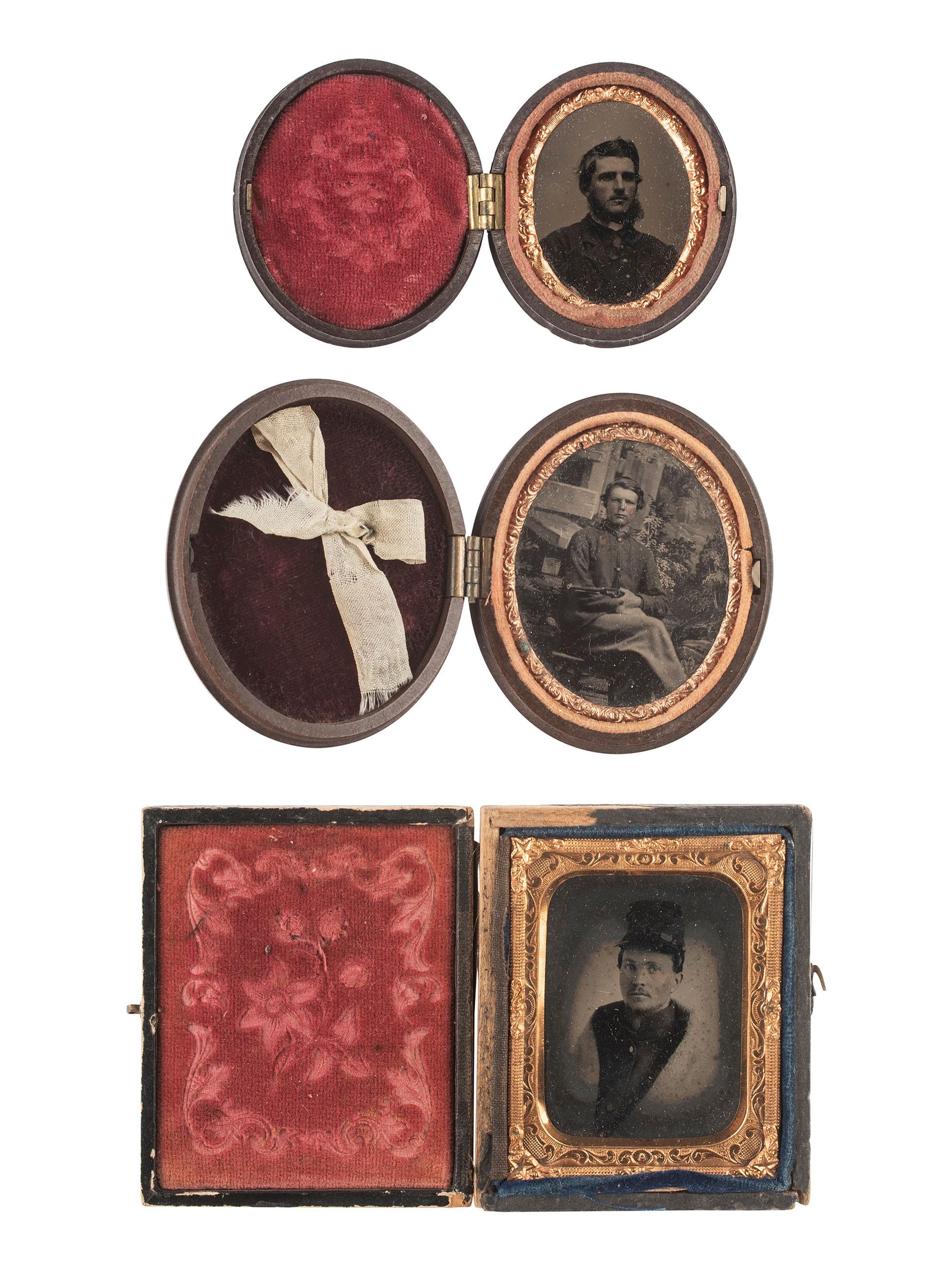 [CIVIL WAR]. 3 tintypes of likely Union soldiers, one posed with a Remington revolver.
