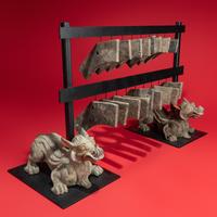 A Rare Chinese Painted Earthenware Chimera and Chimes Set, Qing and Bixie, Western Han Dynasty — 西漢 灰陶編磬一組連辟邪座