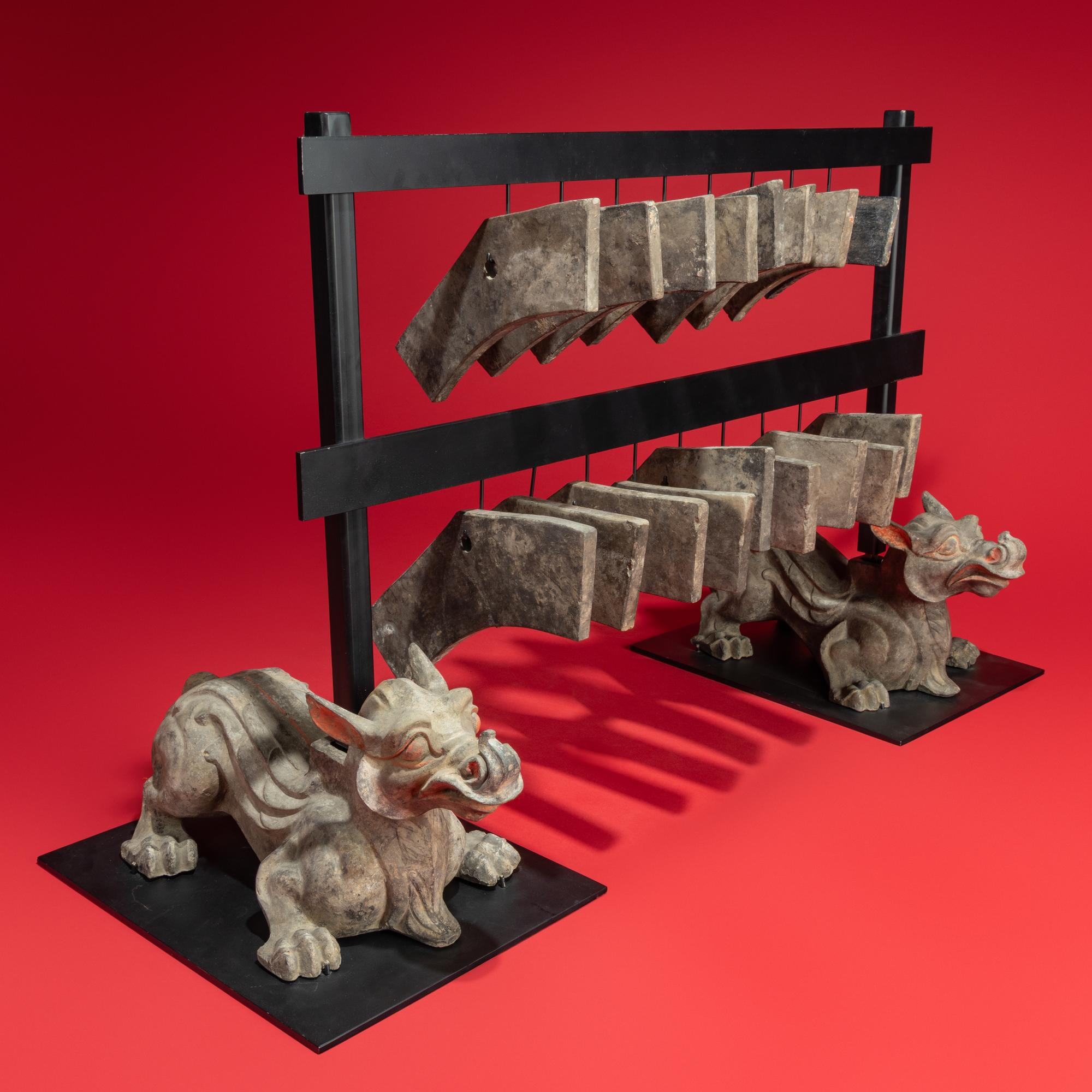 A Rare Chinese Painted Earthenware Chimera and Chimes Set, Qing and Bixie, Western Han Dynasty — 西漢 灰陶編磬一組連辟邪座