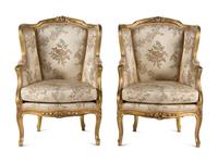 A Pair of Louis XV Style Giltwood Bergères
