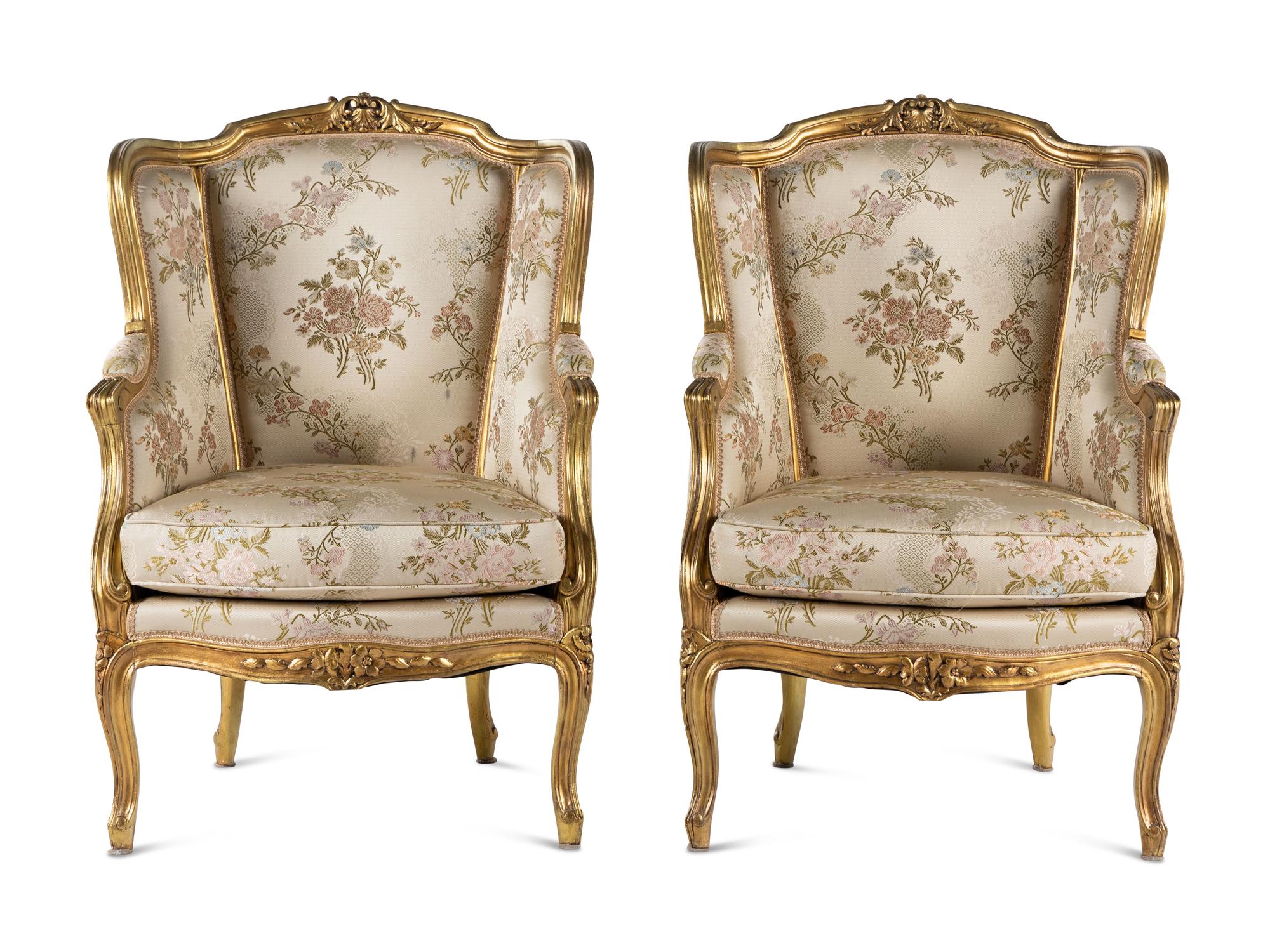 A Pair of Louis XV Style Giltwood Bergères