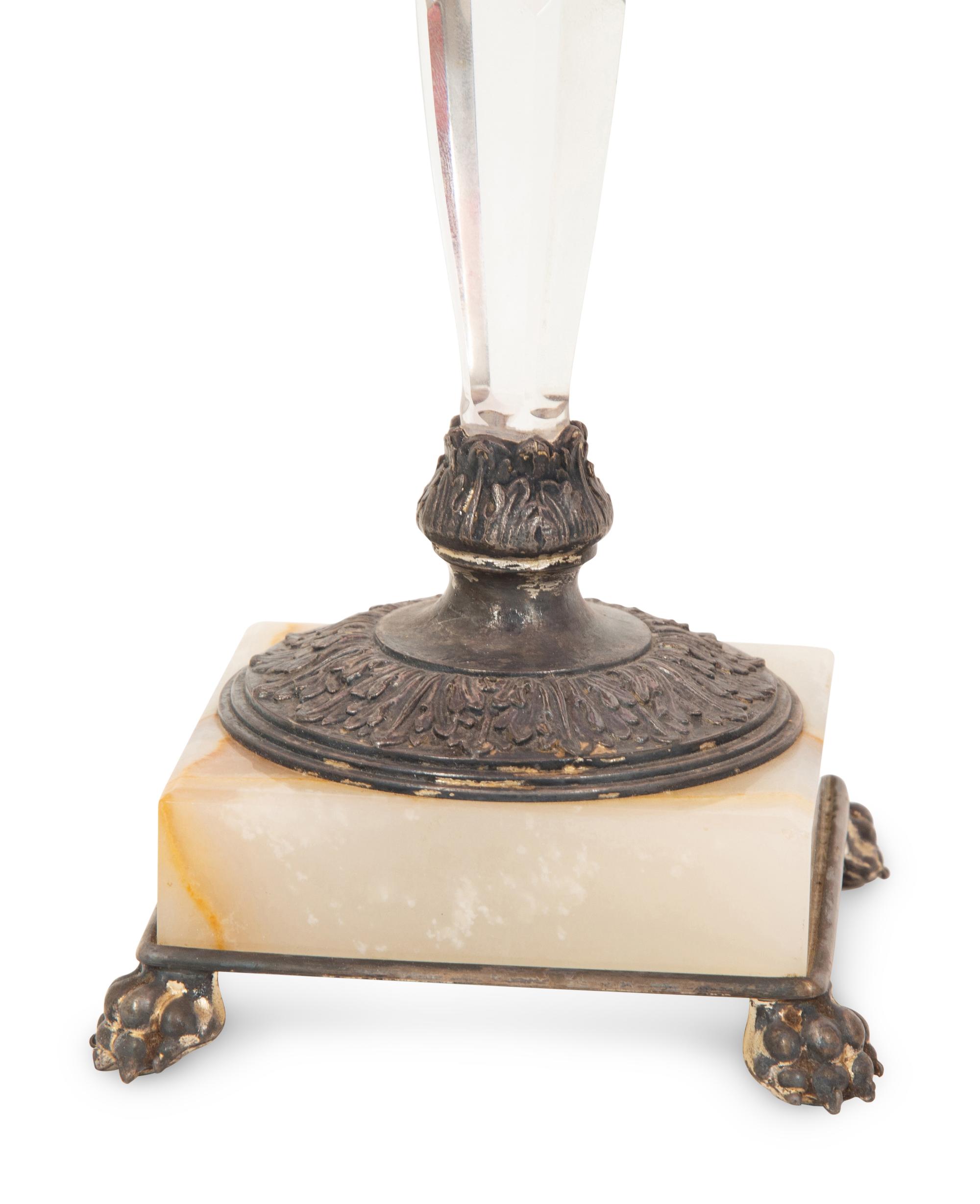 A Pair of Cranberry Cut-to-Clear Glass, Onyx and Silver-Plate Compotes