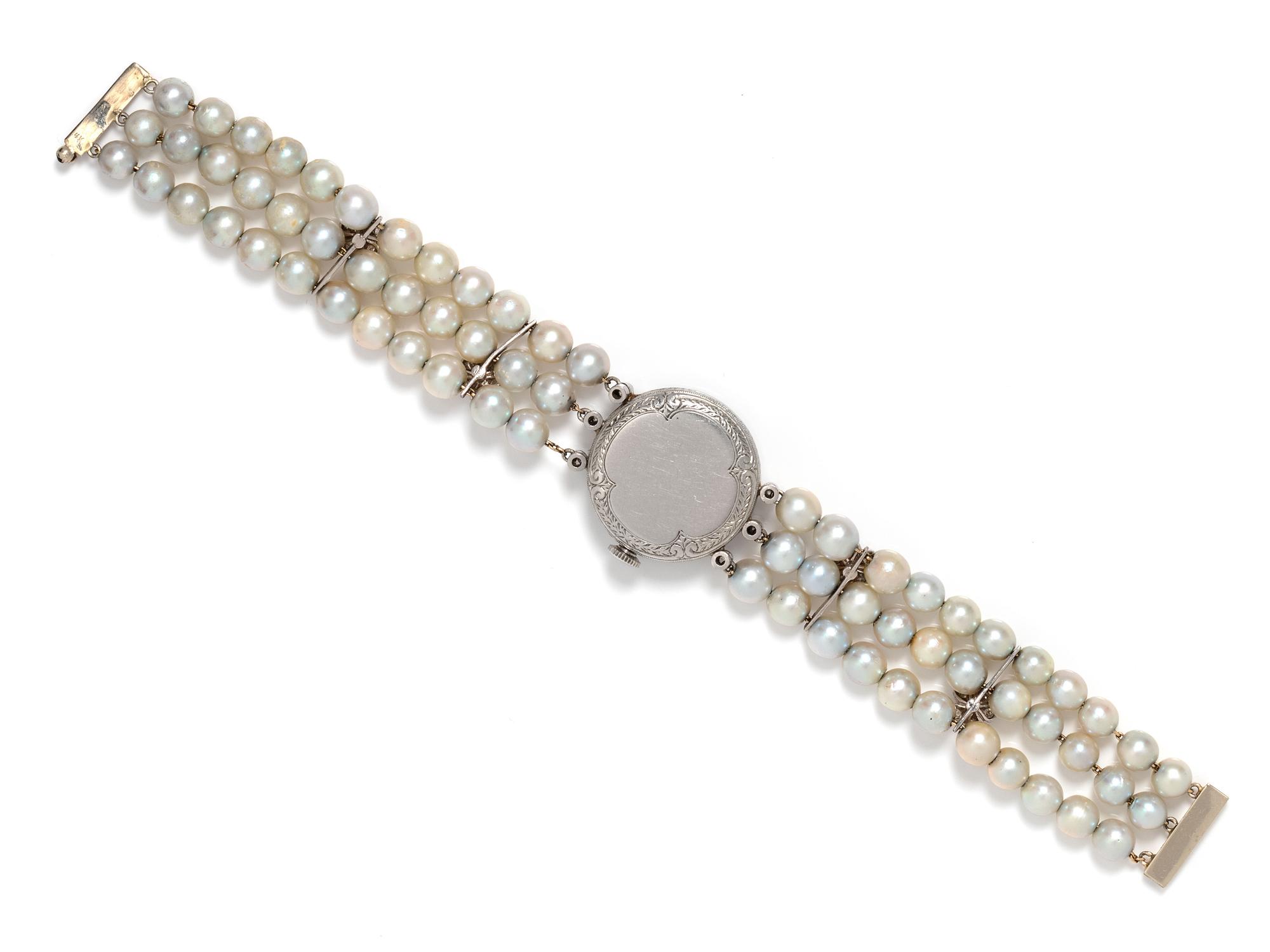 ANTIQUE, PLATINUM, DIAMOND AND CULTURED PEARL WRISTWATCH