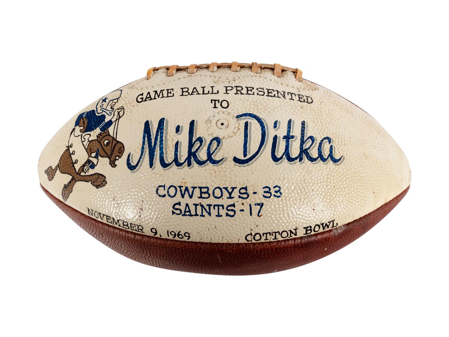 A 1969 Dallas Cowboys vs. New Orleans Saints Game Ball Presented to Mike Ditka Formerly Displayed at Mike Ditka's Restaurant