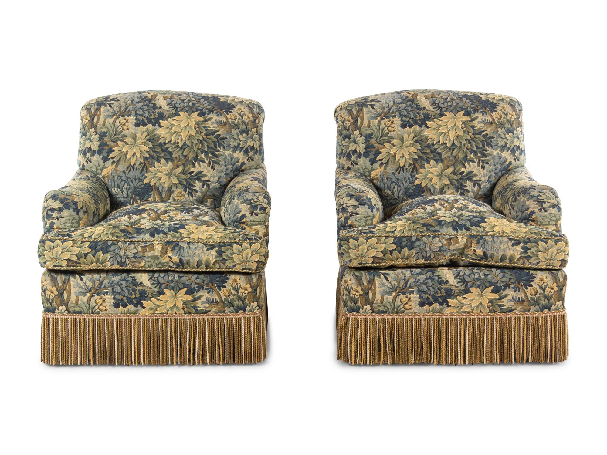 A Pair of Custom Armchairs with Verdure Upholstery and Bullion Fringe