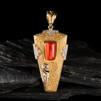 Don Supplee (Hopi, b. 1965) — 14K Gold Tufa Cast, Coral, Turquoise, and Diamond Pendant