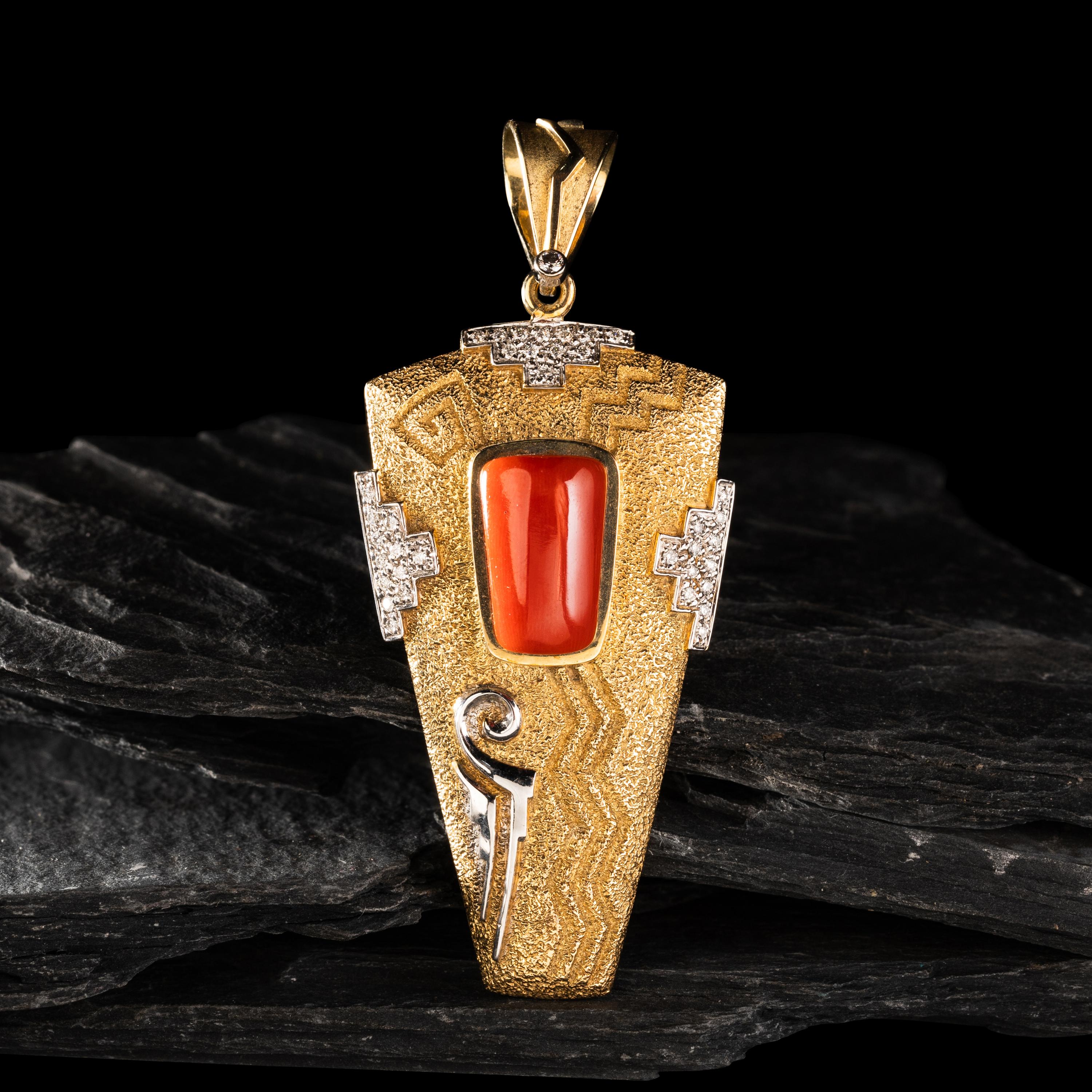 Don Supplee (Hopi, b. 1965) — 14K Gold Tufa Cast, Coral, Turquoise, and Diamond Pendant