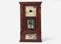 A Classical mahogany mantel clock with Andrew Jackson eglomise panel, bears printed paper label of J.C. Brown, Forrestville, CT, circa 1835