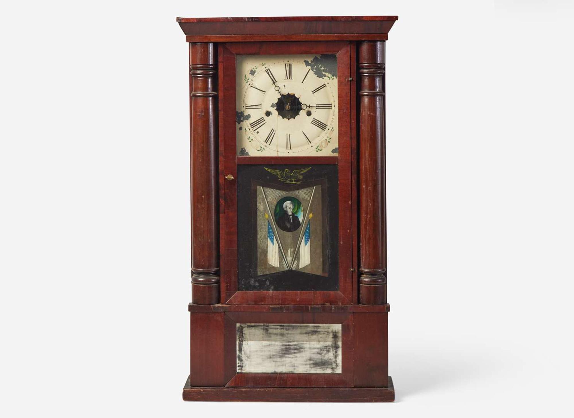 A Classical mahogany mantel clock with Andrew Jackson eglomise panel, bears printed paper label of J.C. Brown, Forrestville, CT, circa 1835