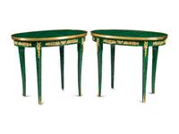 A Pair of Louis XV Style Gilt Bronze Mounted Malachite Tables