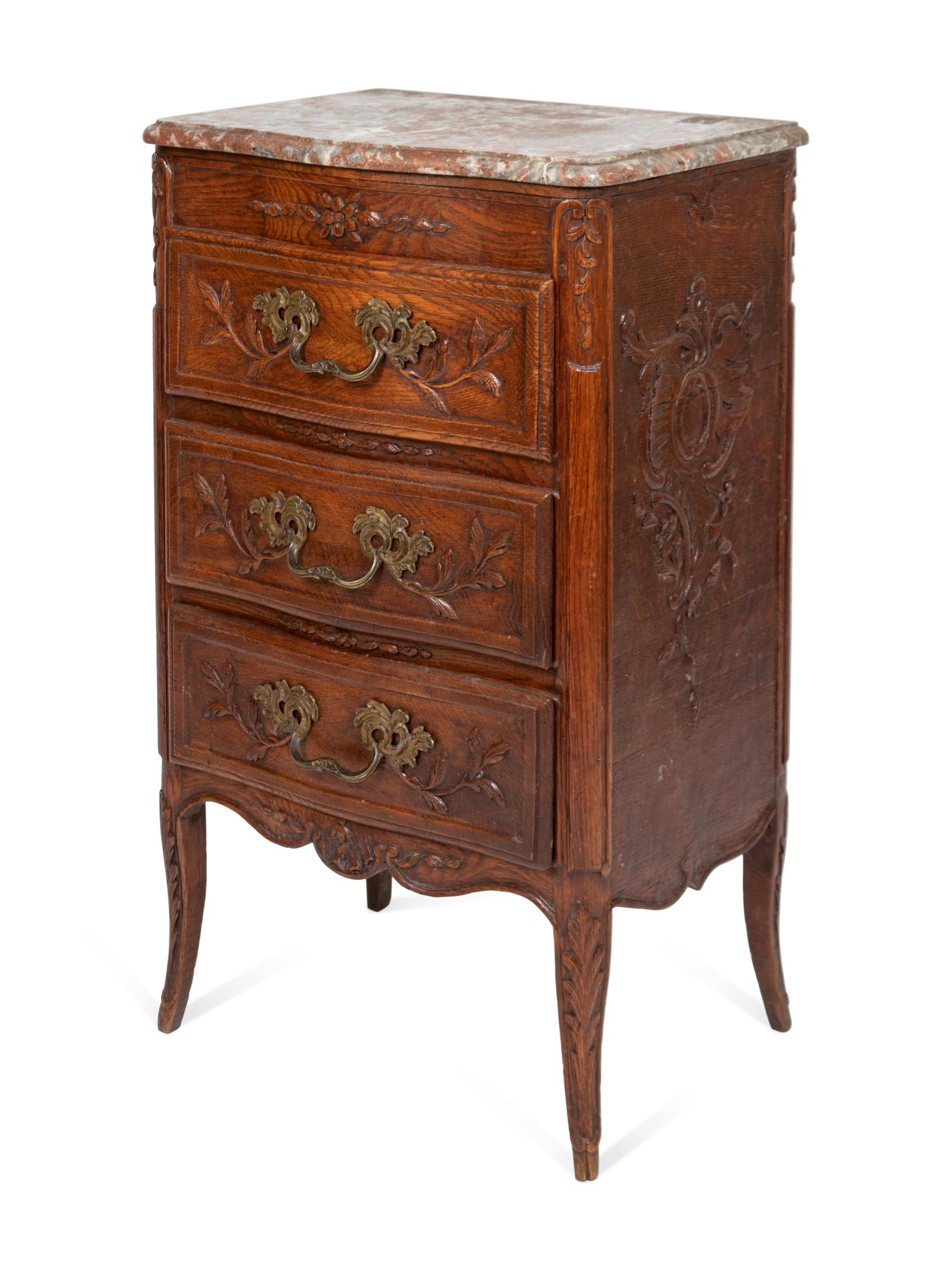 A Louis XV Style Chestnut Marble-Top Side Chest