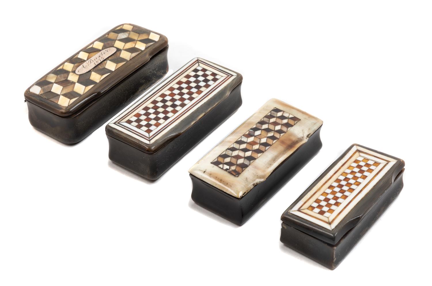 Four Carved Horn and Parquetry Snuff Boxes