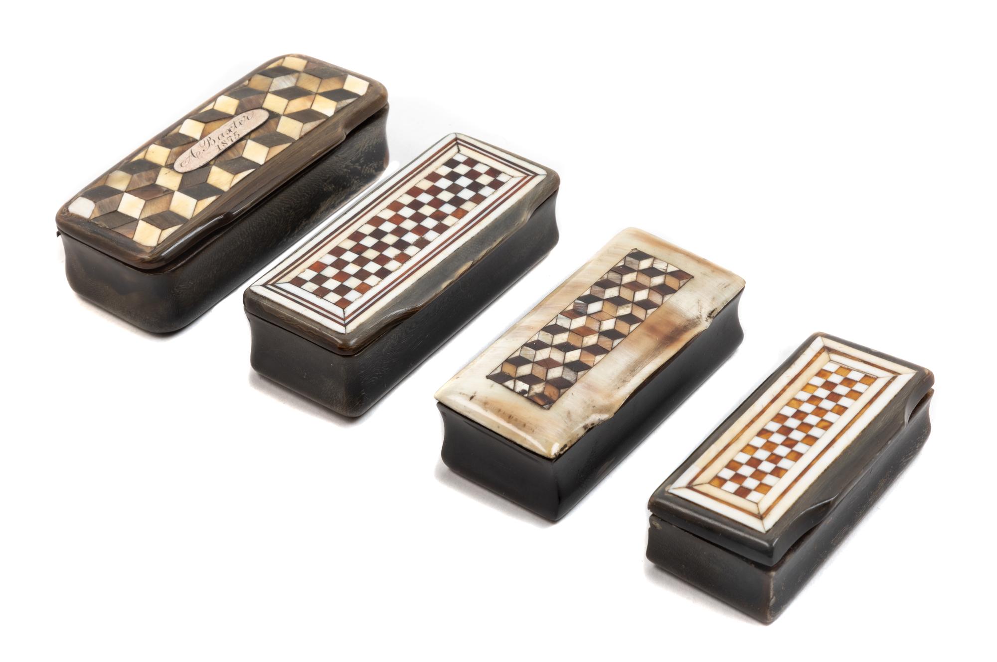 Four Carved Horn and Parquetry Snuff Boxes