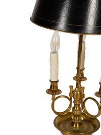 A French Brass Bouillotte Lamp with Hunting Horns and Tole Shade