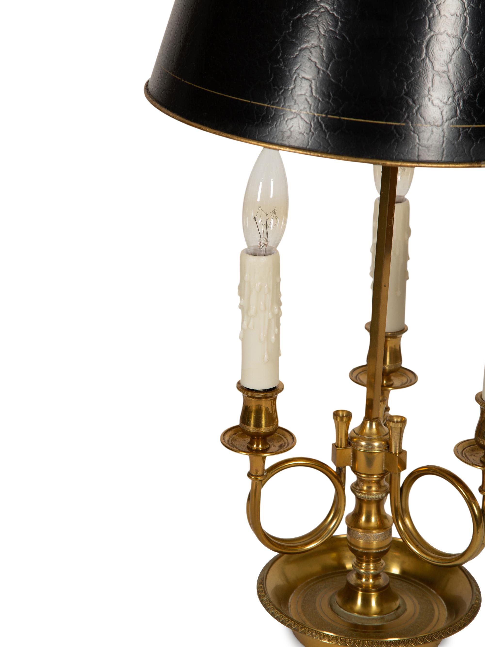 A French Brass Bouillotte Lamp with Hunting Horns and Tole Shade