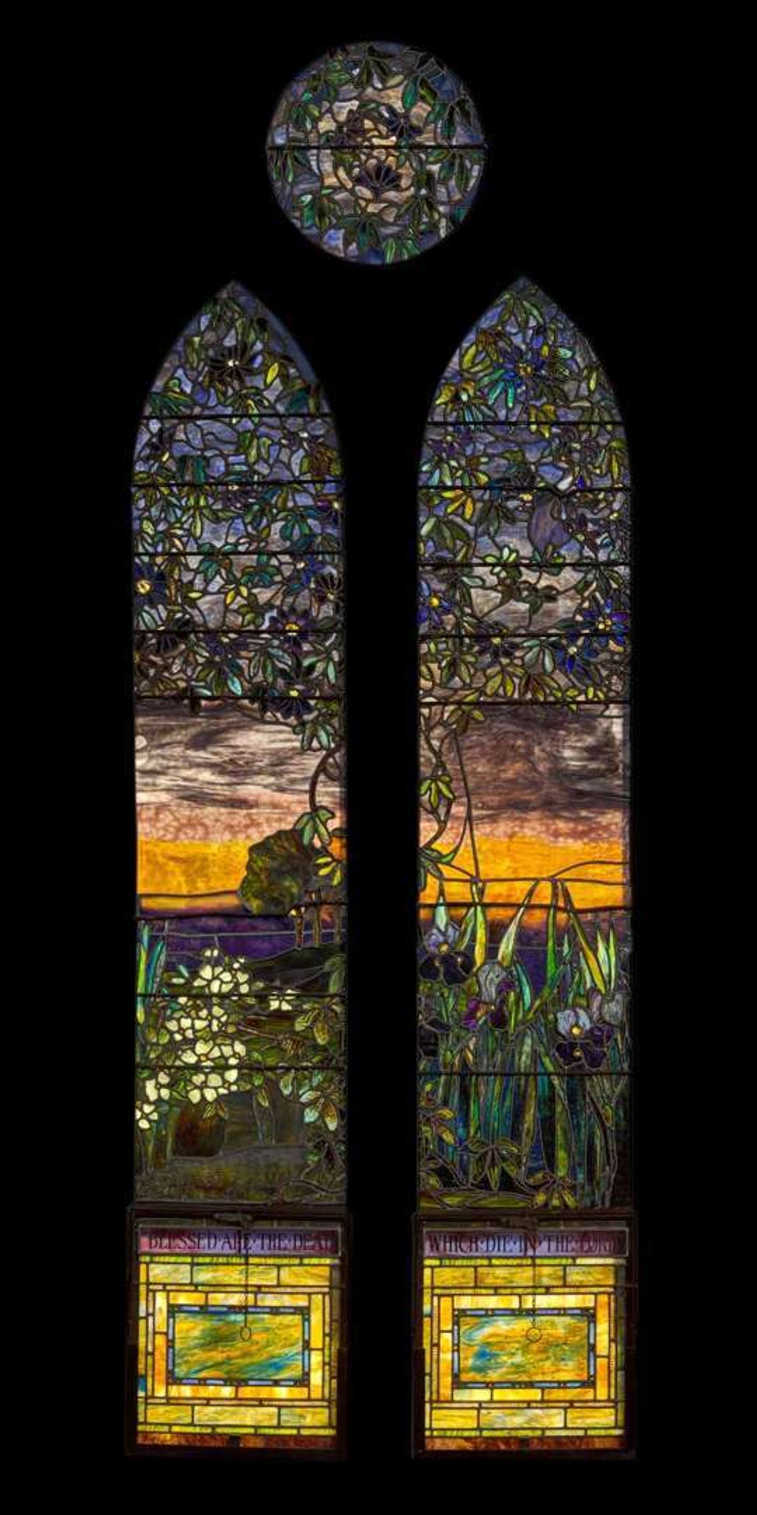 Tiffany Studios "Passionflower, Iris, and Mock Orange" Landscape Window, Probably the Dodd Memorial Window, St. Andrew's Episcopal Church, Meriden, Connecticut, circa 1892