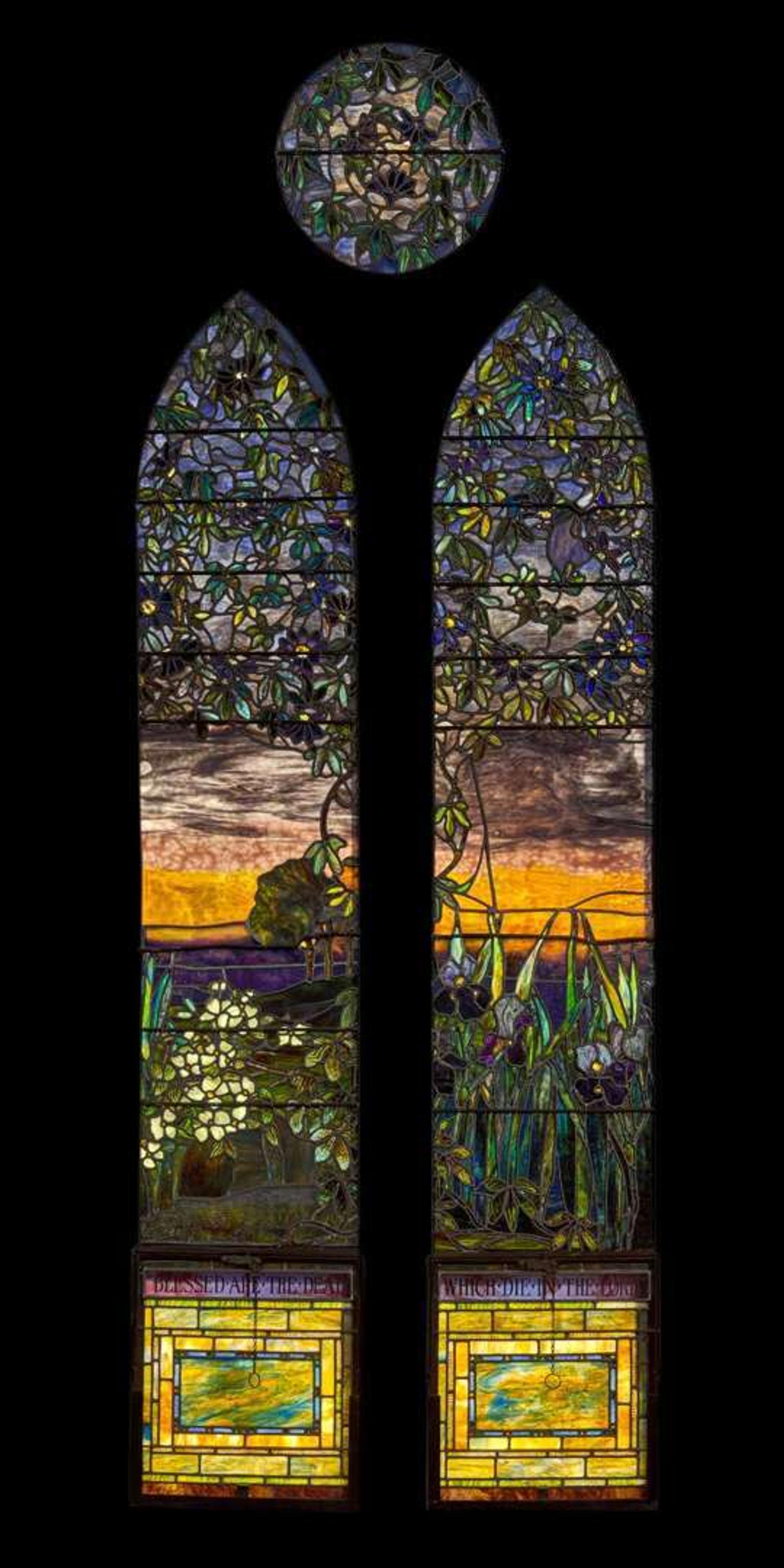 Tiffany Studios "Passionflower, Iris, and Mock Orange" Landscape Window, Probably the Dodd Memorial Window, St. Andrew's Episcopal Church, Meriden, Connecticut, circa 1892