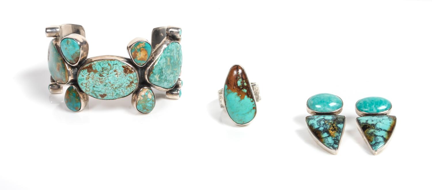 Mexican Silver and Turquoise Cuff Bracelet, Federico Jimenez (b. 1941) Length of bracelet 5 7/8 x opening 1 1/2 x width 1 5/8 inches