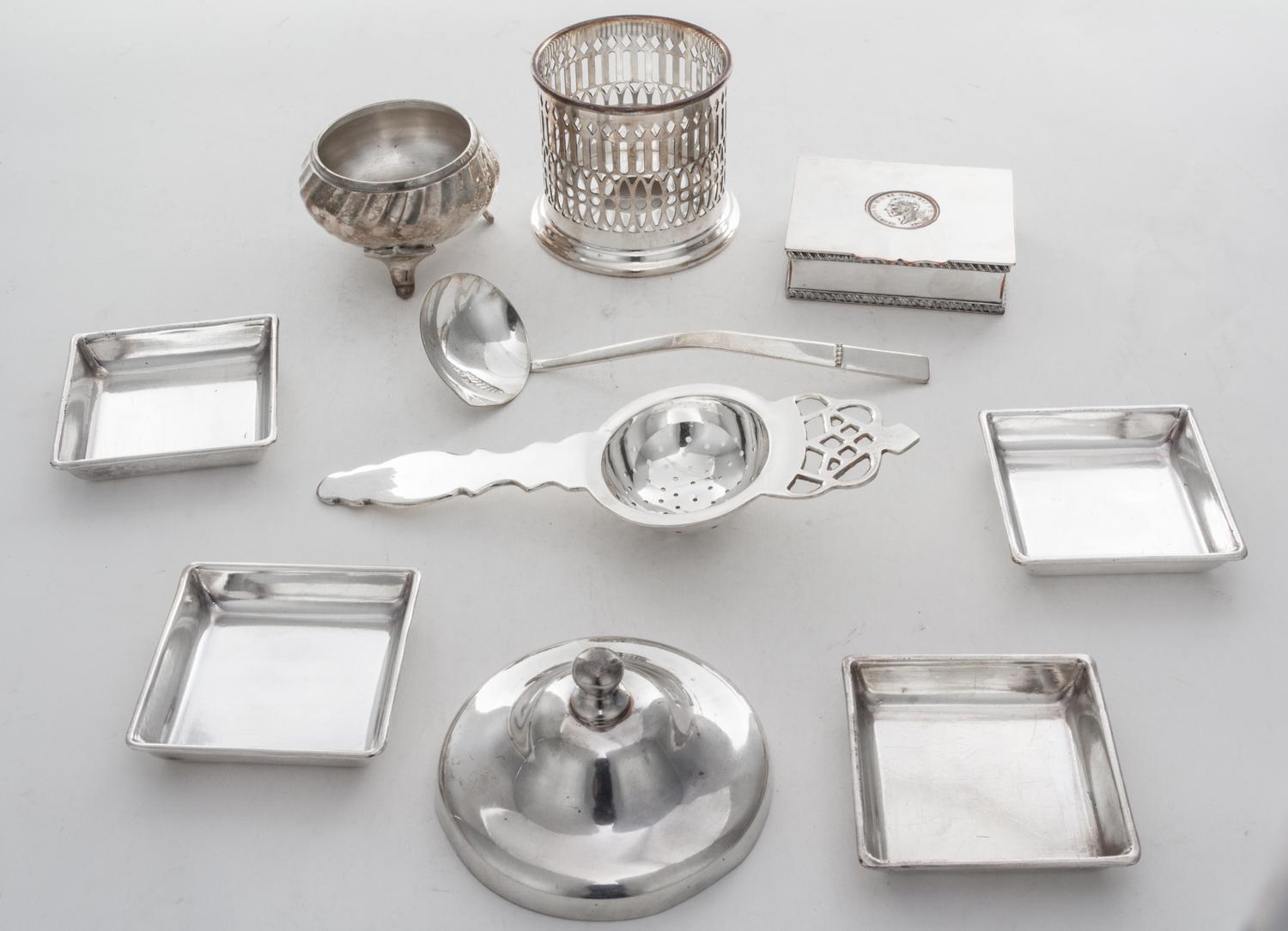 A Collection of Silver-plate Table Articles, , comprising four square nut dishes, a lidded box, a tea strainer, a ladle and others, 10