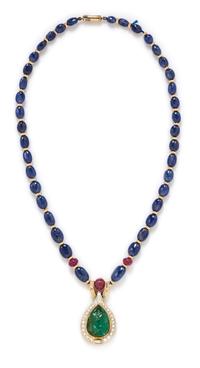 An 18 Karat Yellow Gold, Carved Emerald, Diamond, Sapphire and Ruby Necklace, TRIO, 20.90 dwts.
