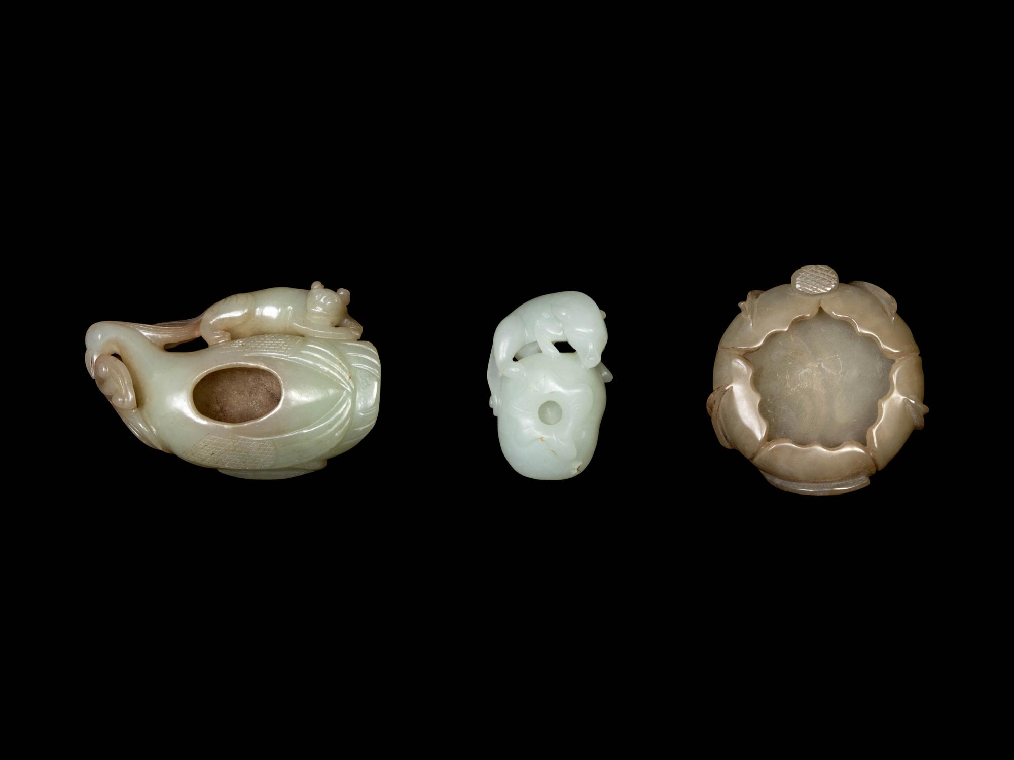 Three Chinese Celadon Jade Carved 'Fruits' Articles