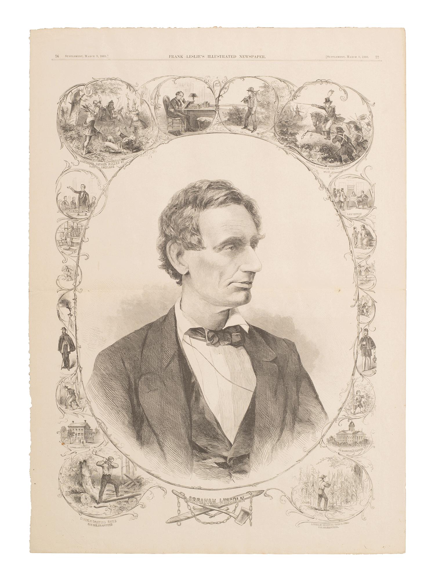 [LINCOLNIANA]. Leslie's Illustrated Newspaper feat. illustration of beardless Lincoln, 9 March 1889.