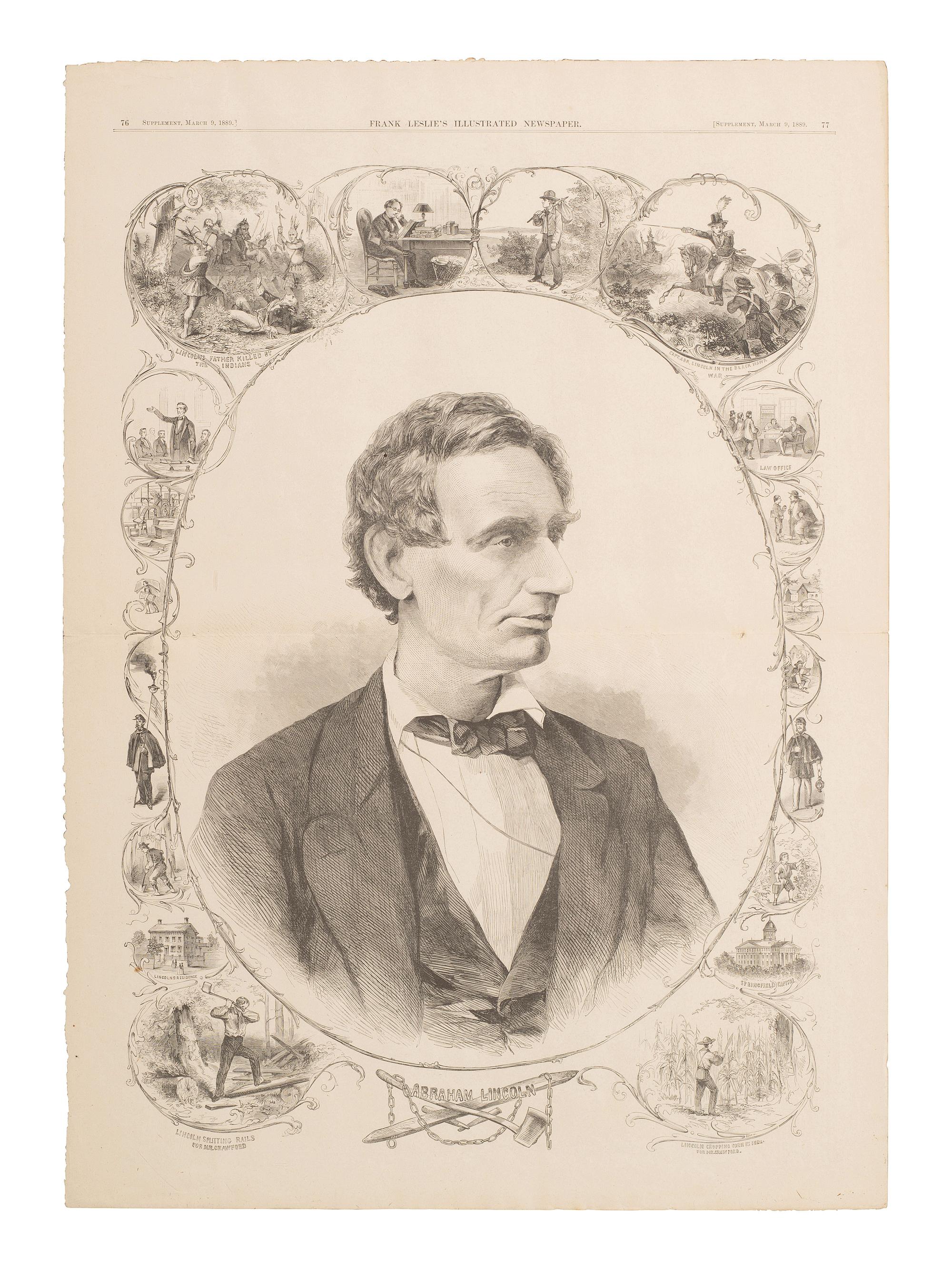 [LINCOLNIANA]. Leslie's Illustrated Newspaper feat. illustration of beardless Lincoln, 9 March 1889.