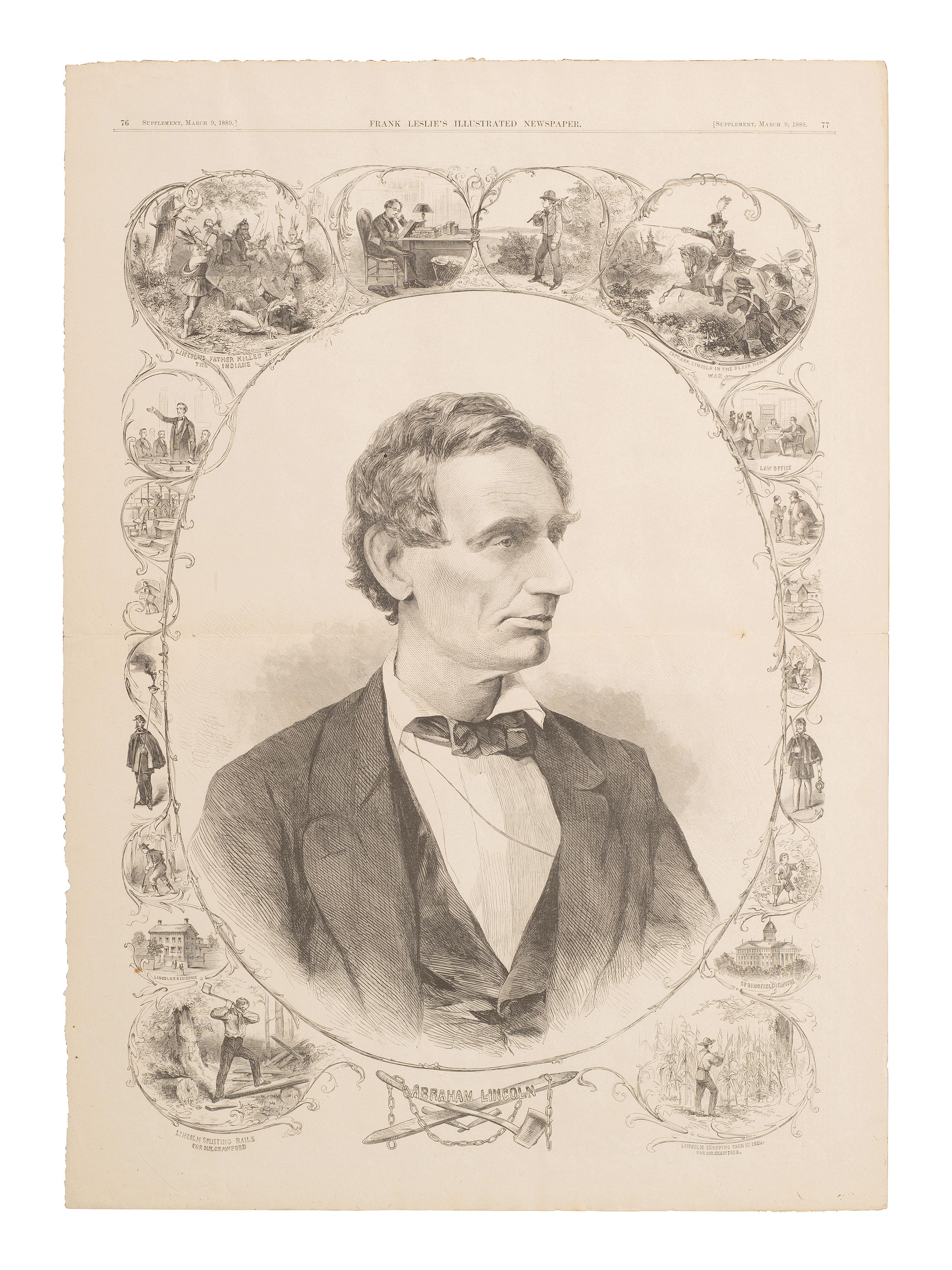 [LINCOLNIANA]. Leslie's Illustrated Newspaper feat. illustration of beardless Lincoln, 9 March 1889.