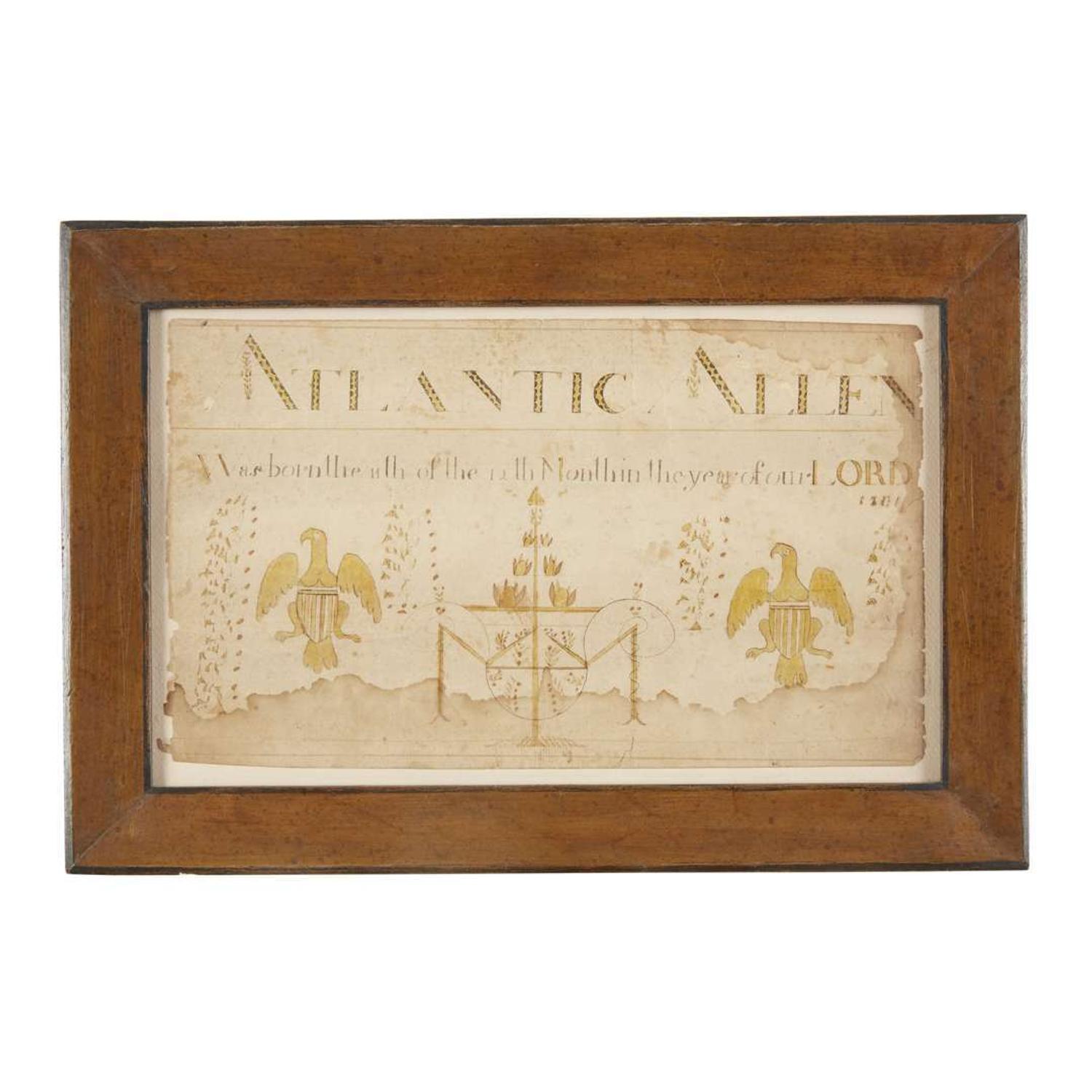 Fraktur: Birth record for Atlantic Allen New Jersey, dated 1801