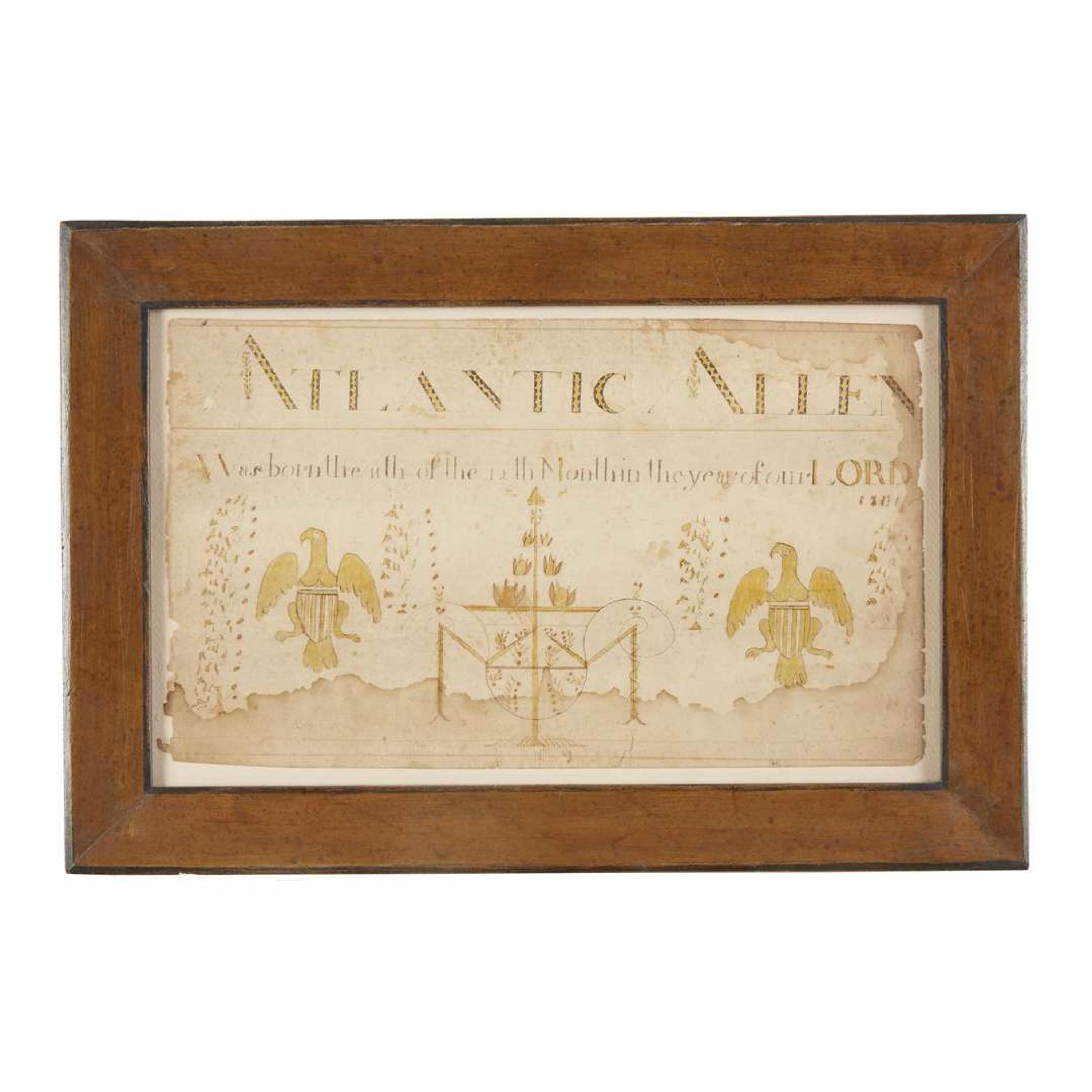 Fraktur: Birth record for Atlantic Allen New Jersey, dated 1801