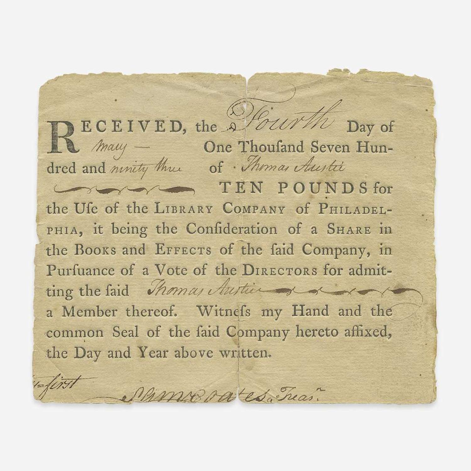[Philadelphia] [Library Company of Philadelphia] Group of 3 Partially-Printed Documents