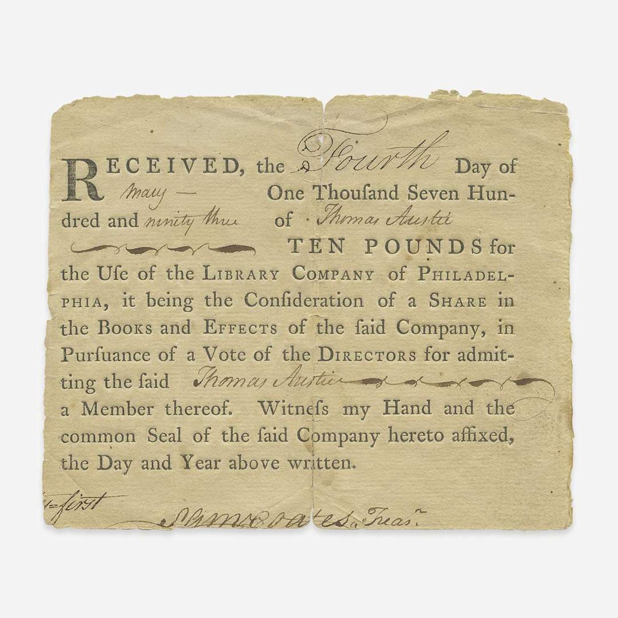 [Philadelphia] [Library Company of Philadelphia] Group of 3 Partially-Printed Documents