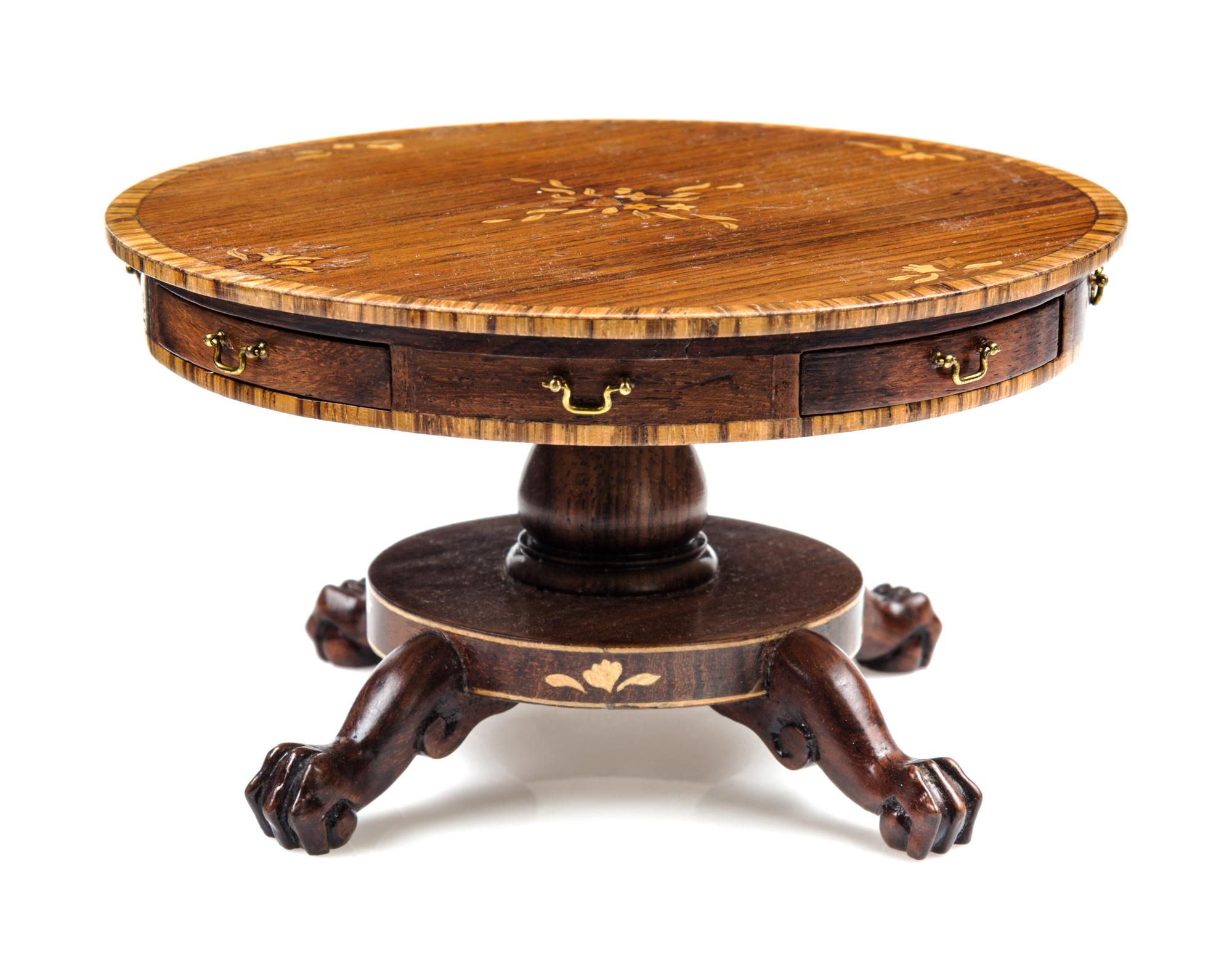 A William IV Style Marquetry Mahogany Drum Table Height 2 5/8 x diameter 4 3/4 inches. — John Davenport, August 1982