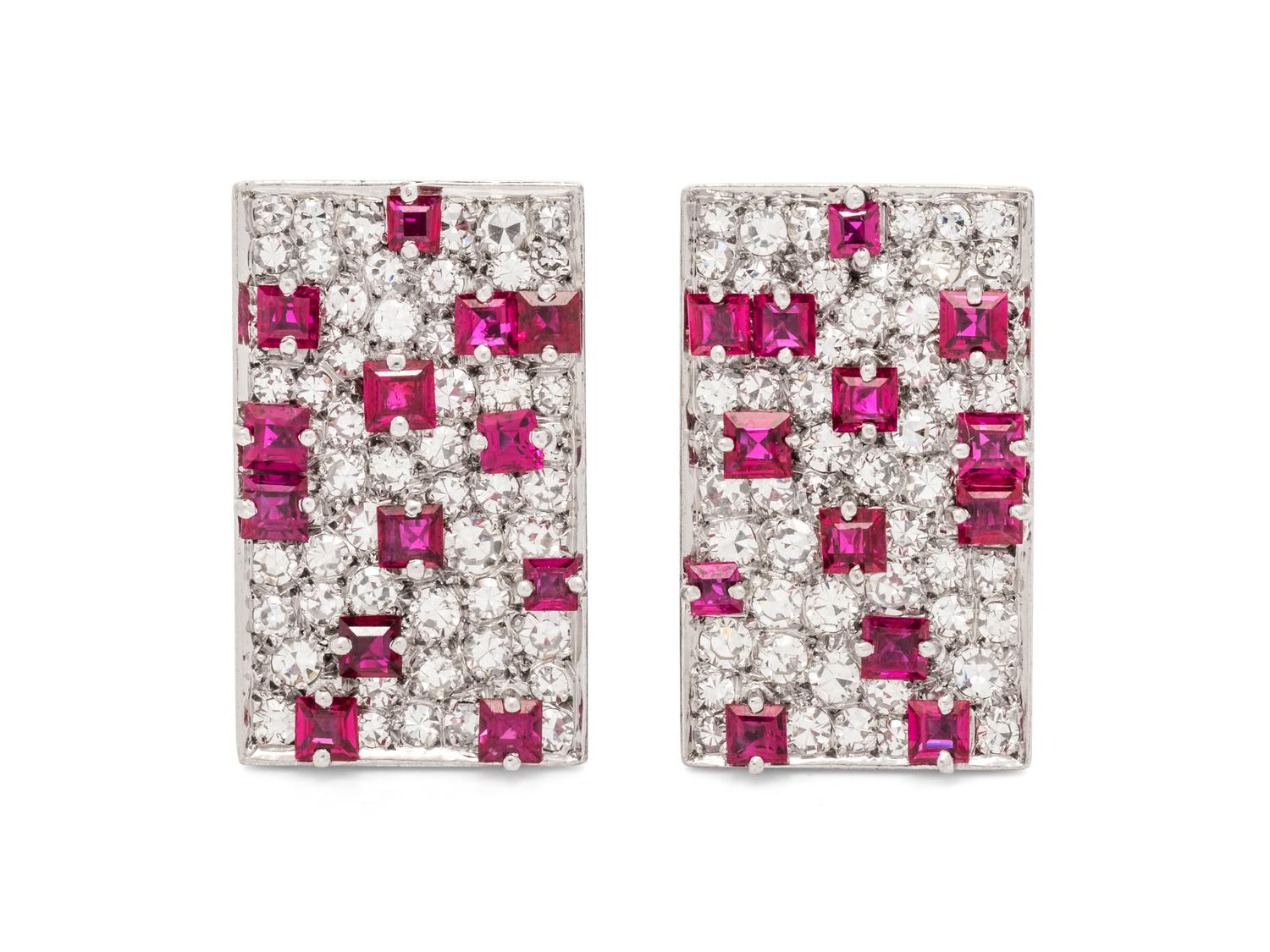 A Pair of 18 Karat White Gold, Diamond and Ruby Earclips, H. Stern,