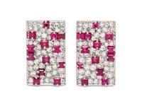 A Pair of 18 Karat White Gold, Diamond and Ruby Earclips, H. Stern,