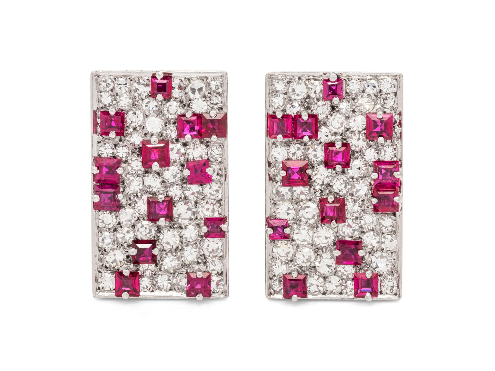 A Pair of 18 Karat White Gold, Diamond and Ruby Earclips, H. Stern,