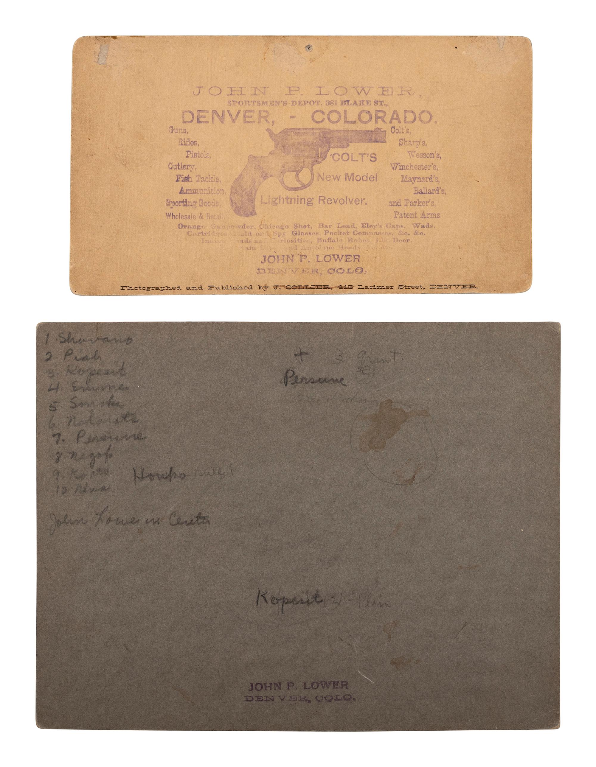 [NATIVE AMERICANS]. Two photographs of a group of Ute Indians with Colorado gunsmith and trader John P. Lower.