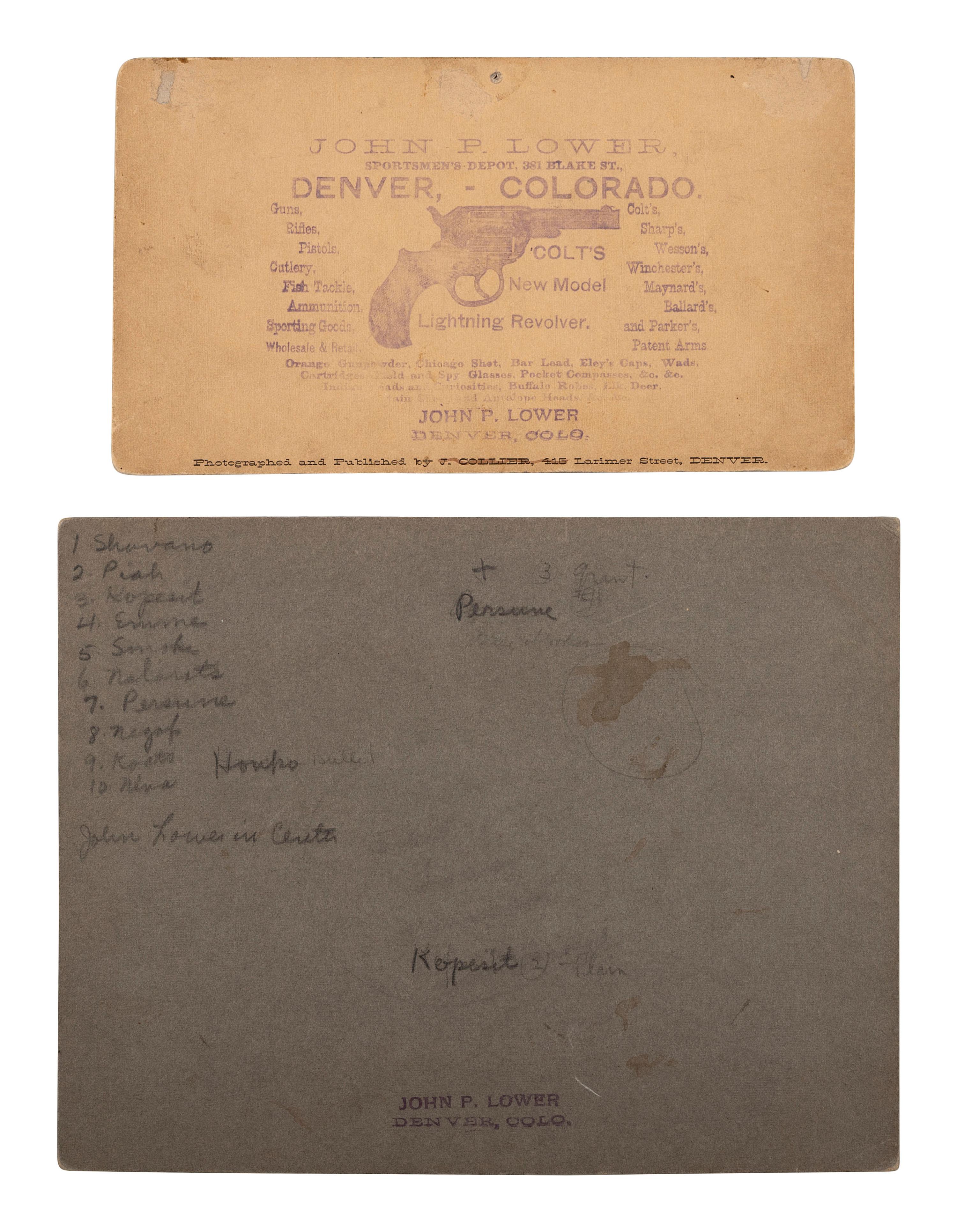 [NATIVE AMERICANS]. Two photographs of a group of Ute Indians with Colorado gunsmith and trader John P. Lower.