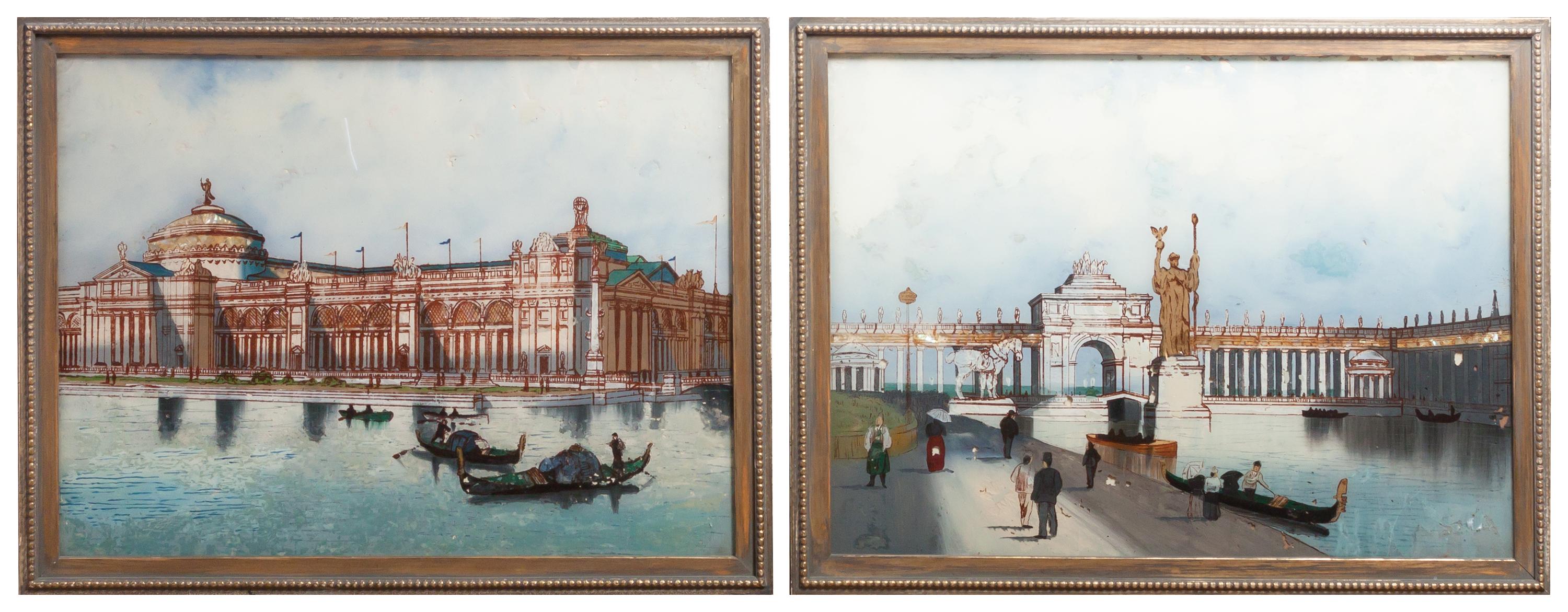 Two Reverse Painted and Mother-of-Pearl Inset Scenes from the World's Columbian Exposition, Height 14 1/2 x width 19 1/2 inches.