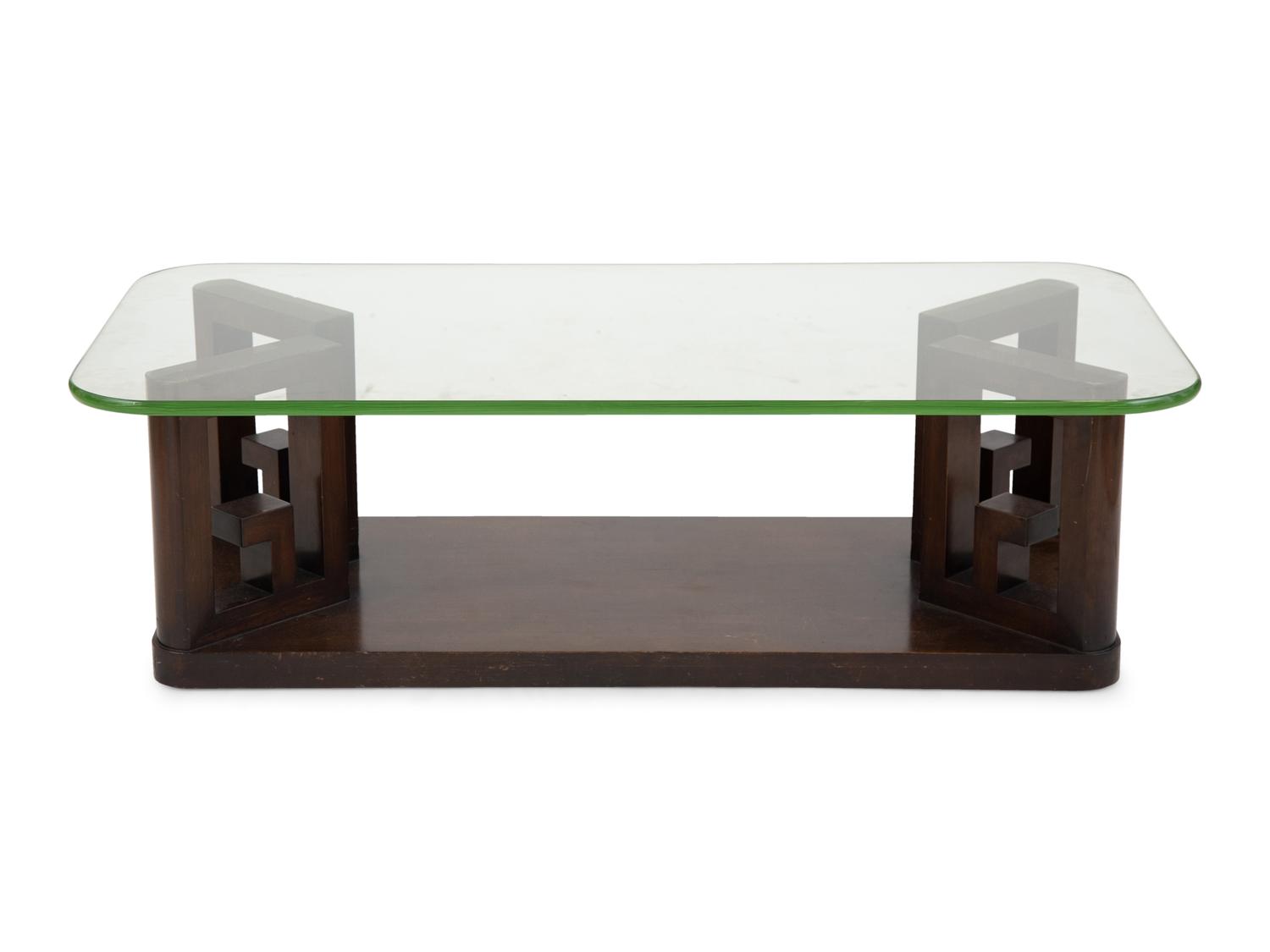 A Contemporary Black Lacquer Greek Key Glass-Top Coffee Table