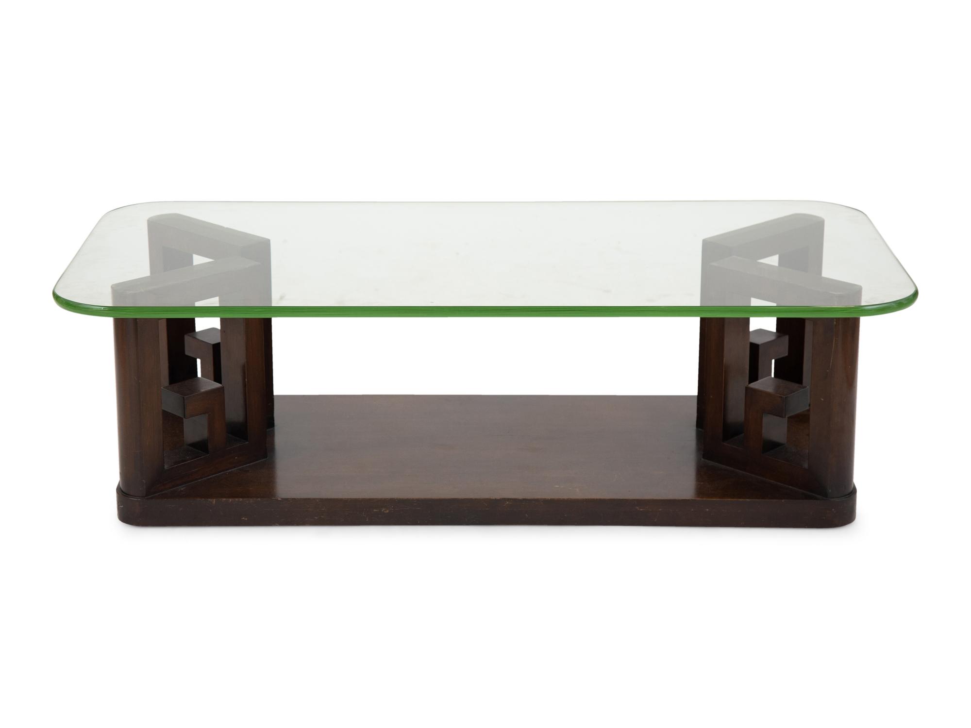 A Contemporary Black Lacquer Greek Key Glass-Top Coffee Table