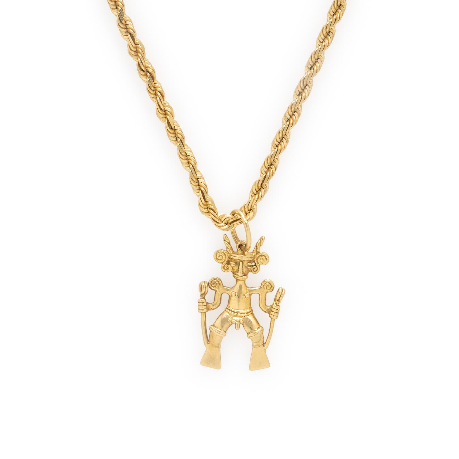 Yellow Gold Pre-Colombian Style Figure Pendant Necklace
