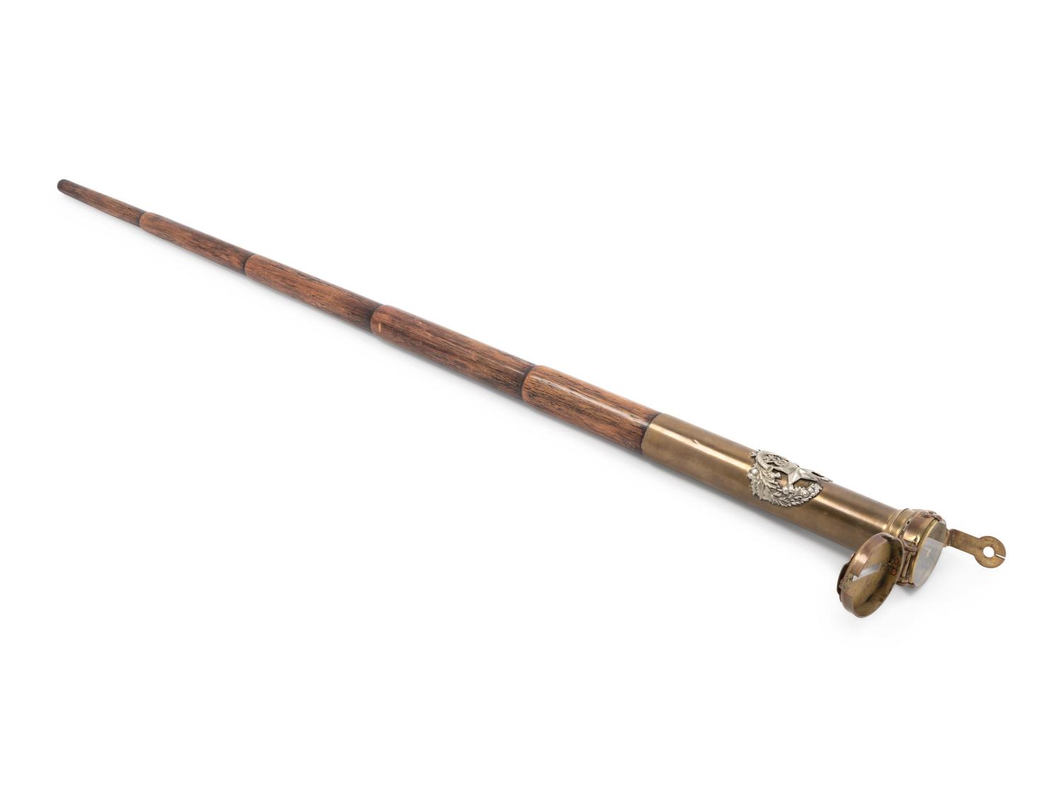 An English Silvered Metal Mounted Brass Explorer's Walking Stick