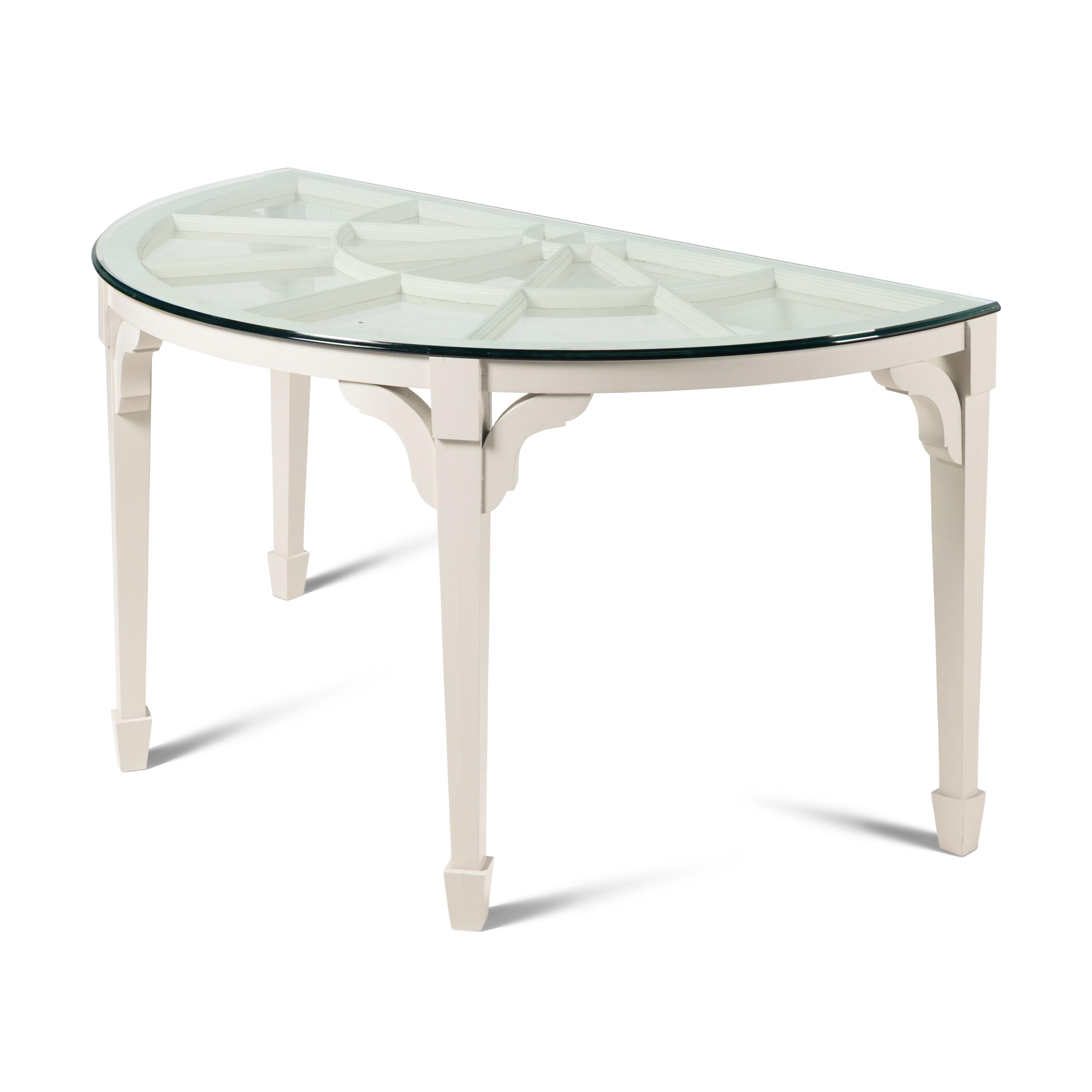 A Pair of Custom White-Painted Glass-Top Console Tables