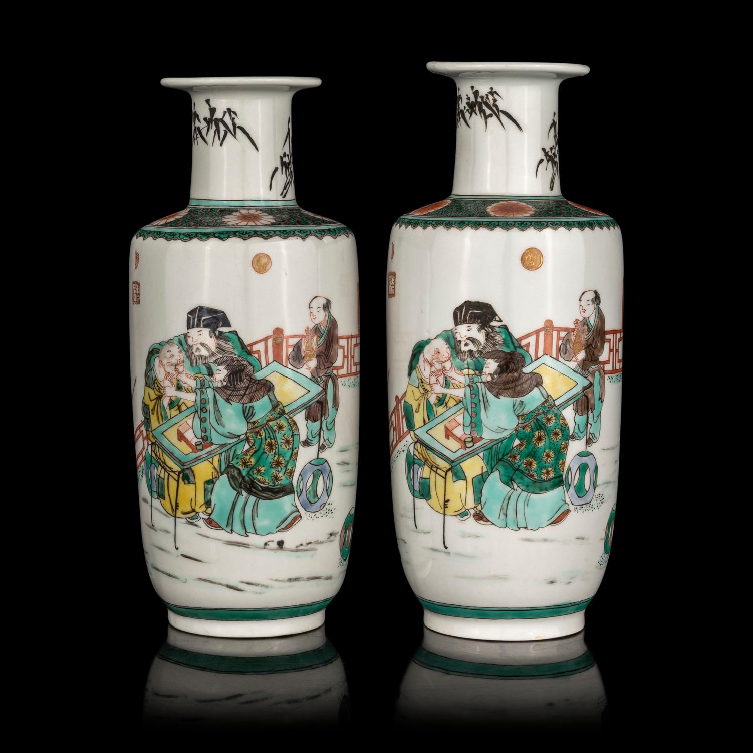 A Pair of Chinese Famille Verte Porcelain Rouleau Vases