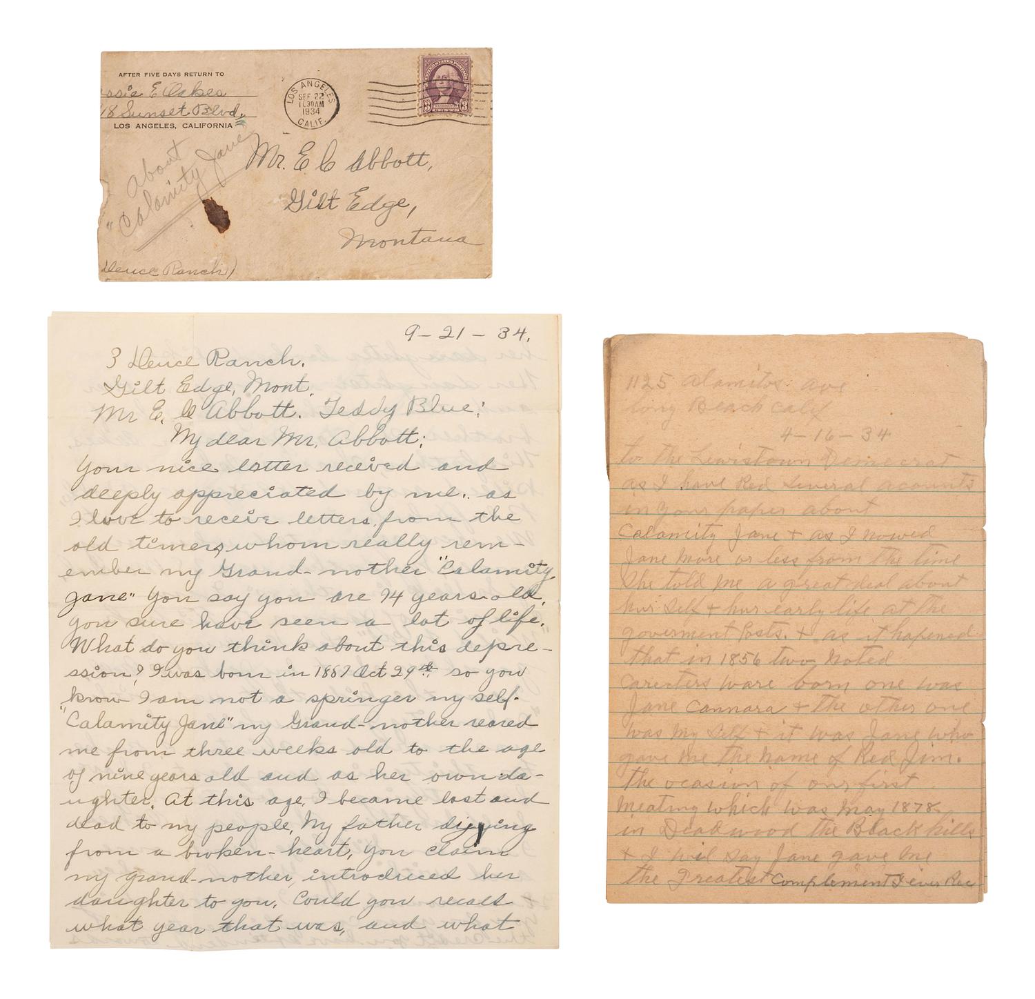 [WESTERN AMERICANA]. 2 letters describing Calamity Jane, incl. letter from her granddaughter.