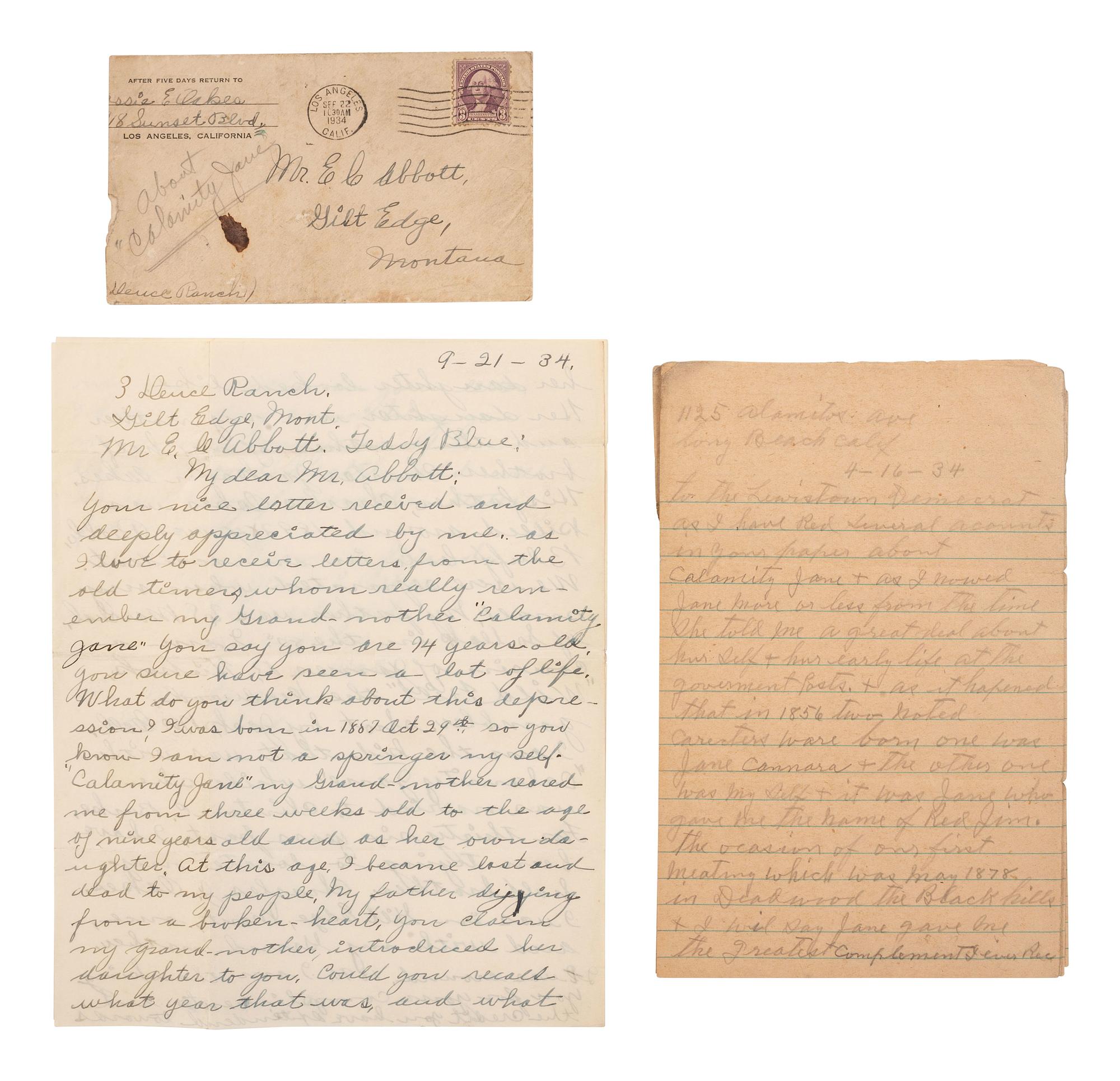[WESTERN AMERICANA]. 2 letters describing Calamity Jane, incl. letter from her granddaughter.
