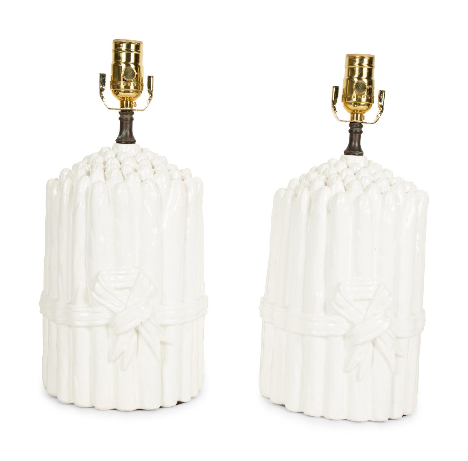 A Pair of White Glazed Ceramic Models of Asparagus Mounted as Lamps — 20TH CENTURY