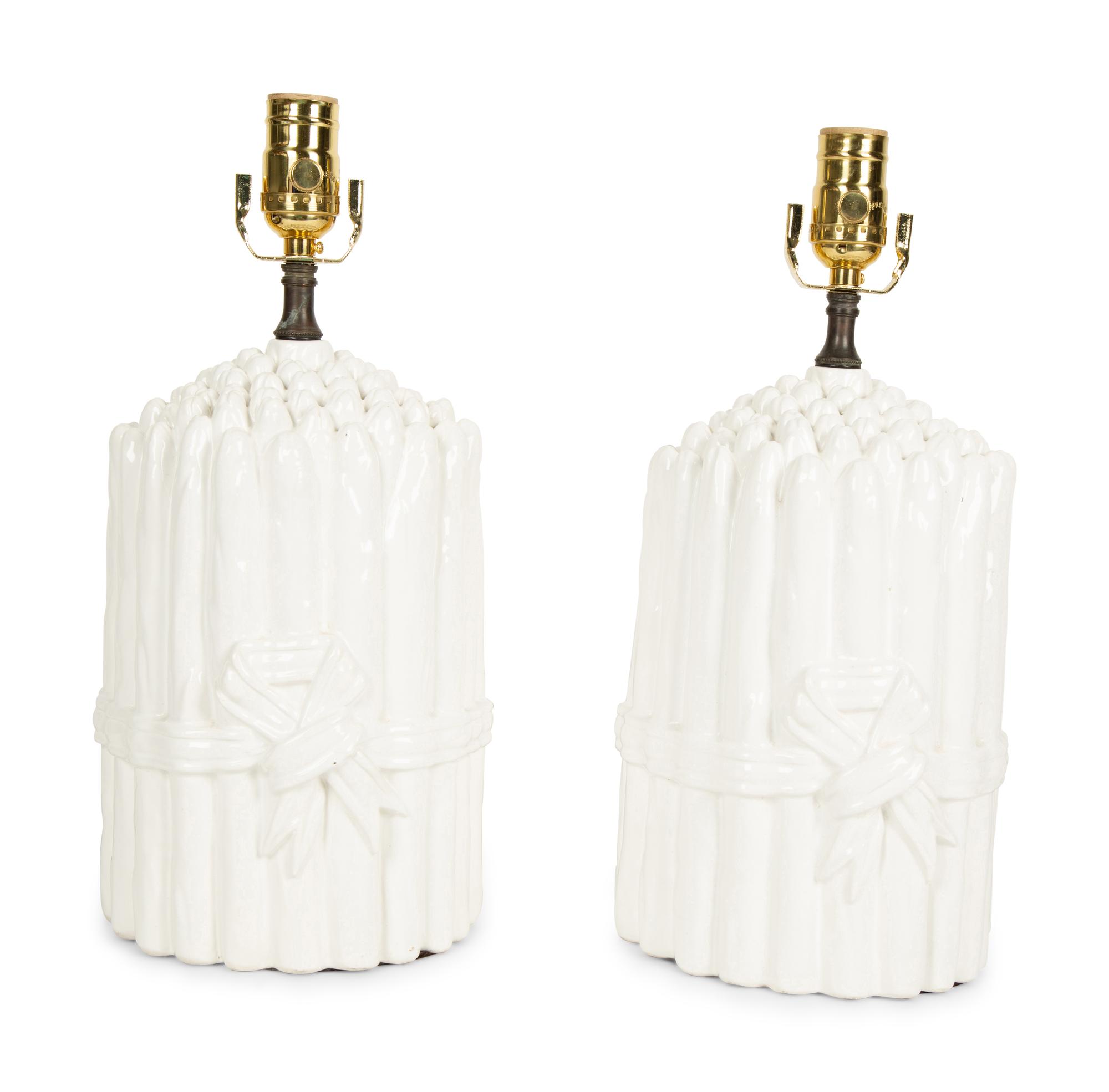 A Pair of White Glazed Ceramic Models of Asparagus Mounted as Lamps — 20TH CENTURY